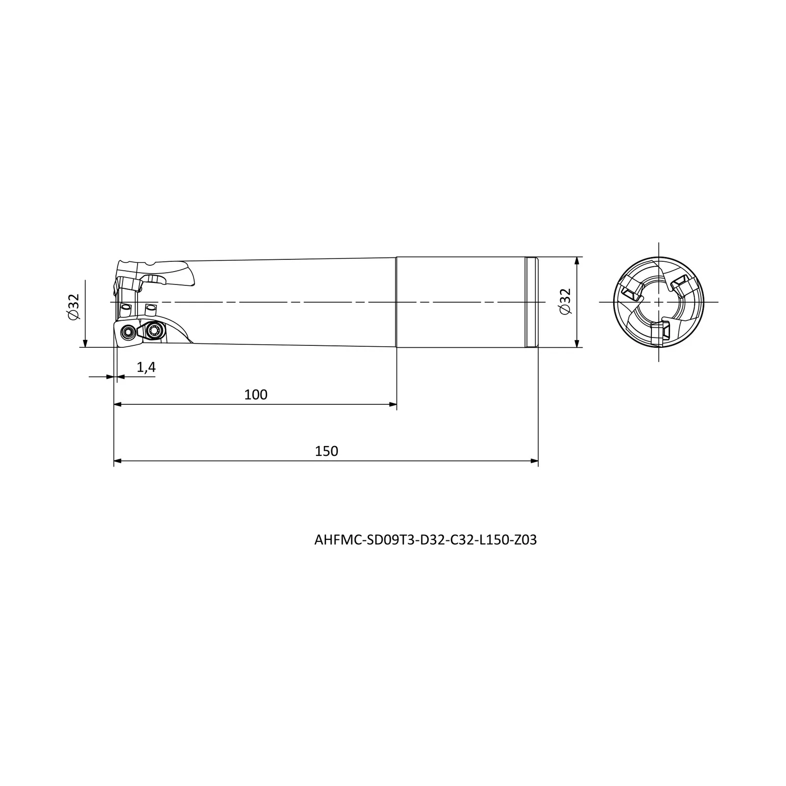 AHFMC-SD09T3-D32-C32-L150-Z03 &mdash; dimensioned drawing