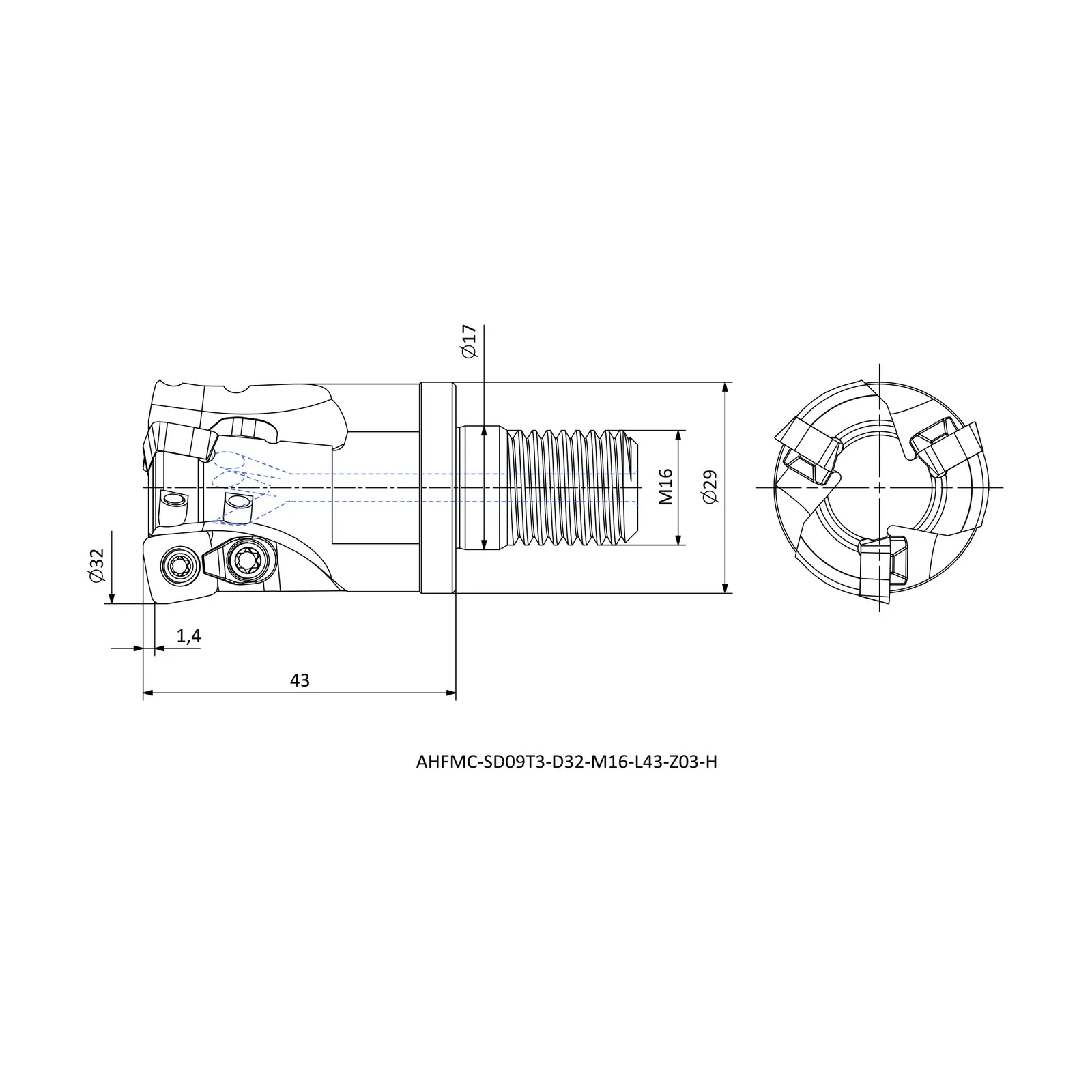 AHFMC-SD09T3-D32-M16-L43-Z03-H &mdash; dimensioned drawing