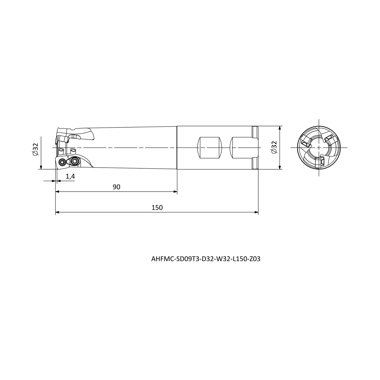 AHFMC-SD09T3-D32-W32-L150-Z03 &mdash; dimensioned drawing