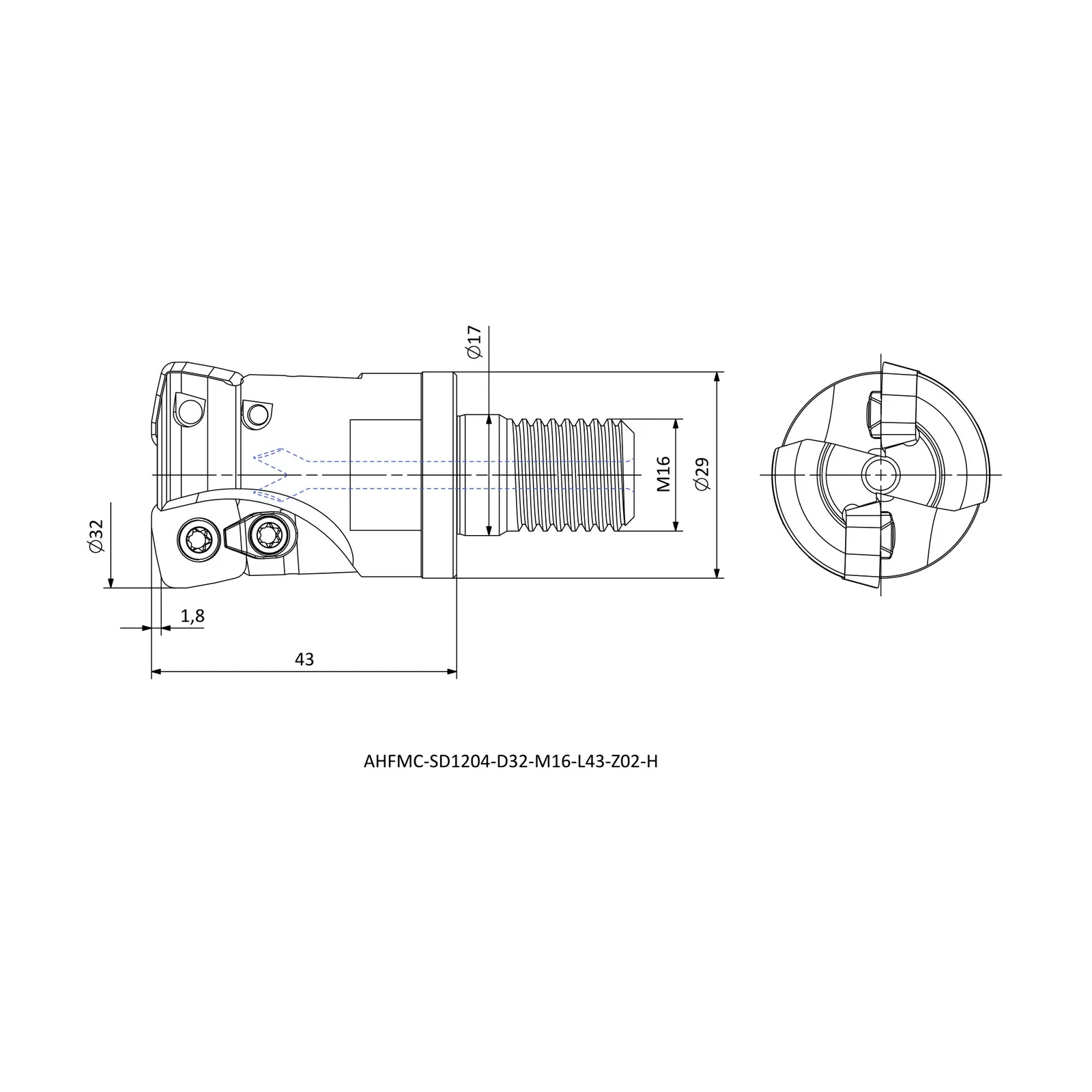 AHFMC-SD1204-D32-M16-L43-Z02-H &mdash; dimensioned drawing