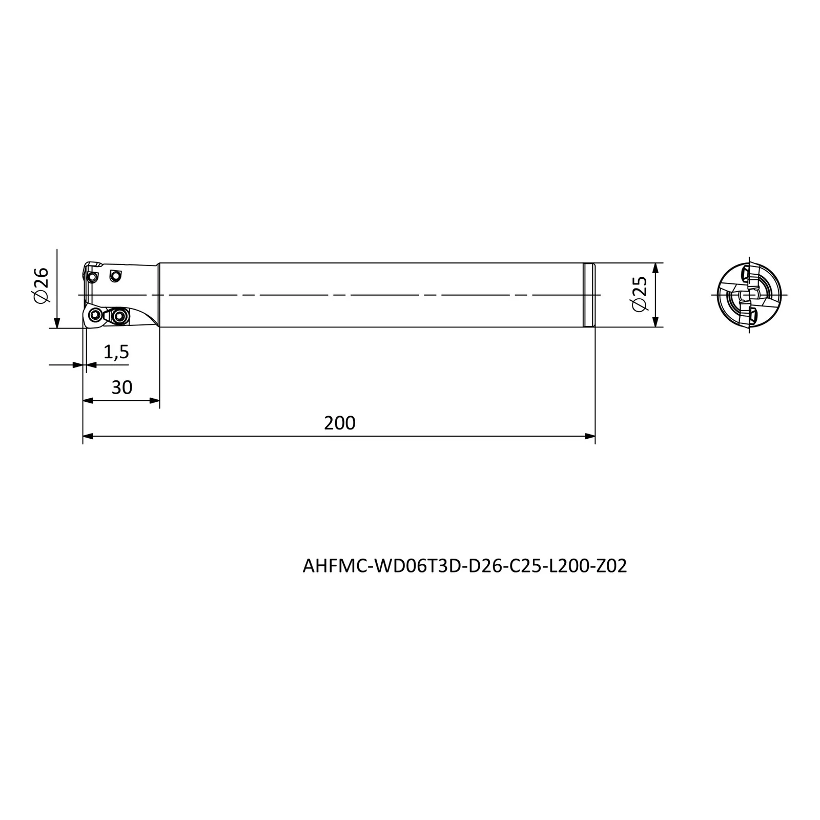 AHFMC-WD06T3D-D26-C25-L200-Z02 &mdash; dimensioned drawing