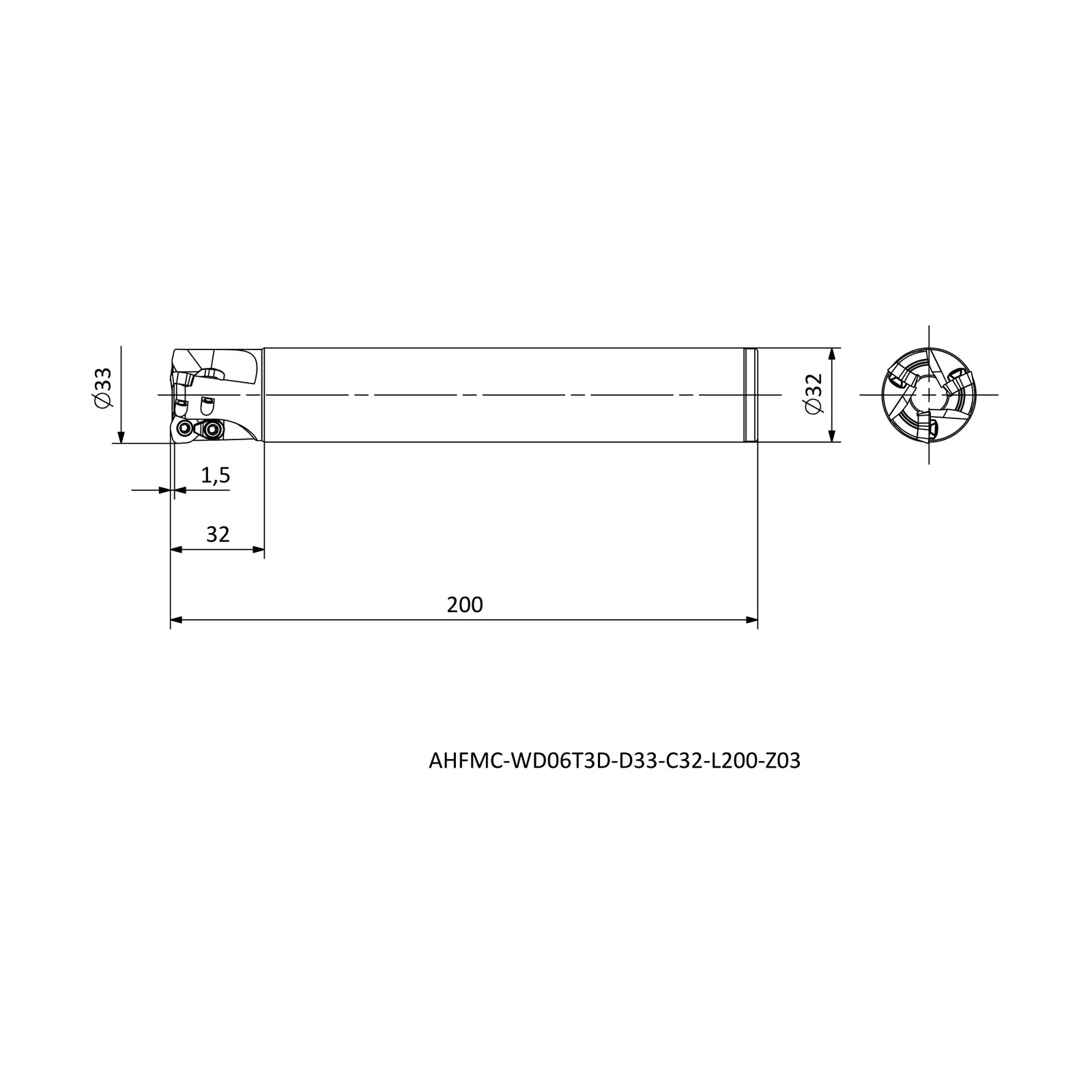 AHFMC-WD06T3D-D33-C32-L200-Z03 &mdash; dimensioned drawing