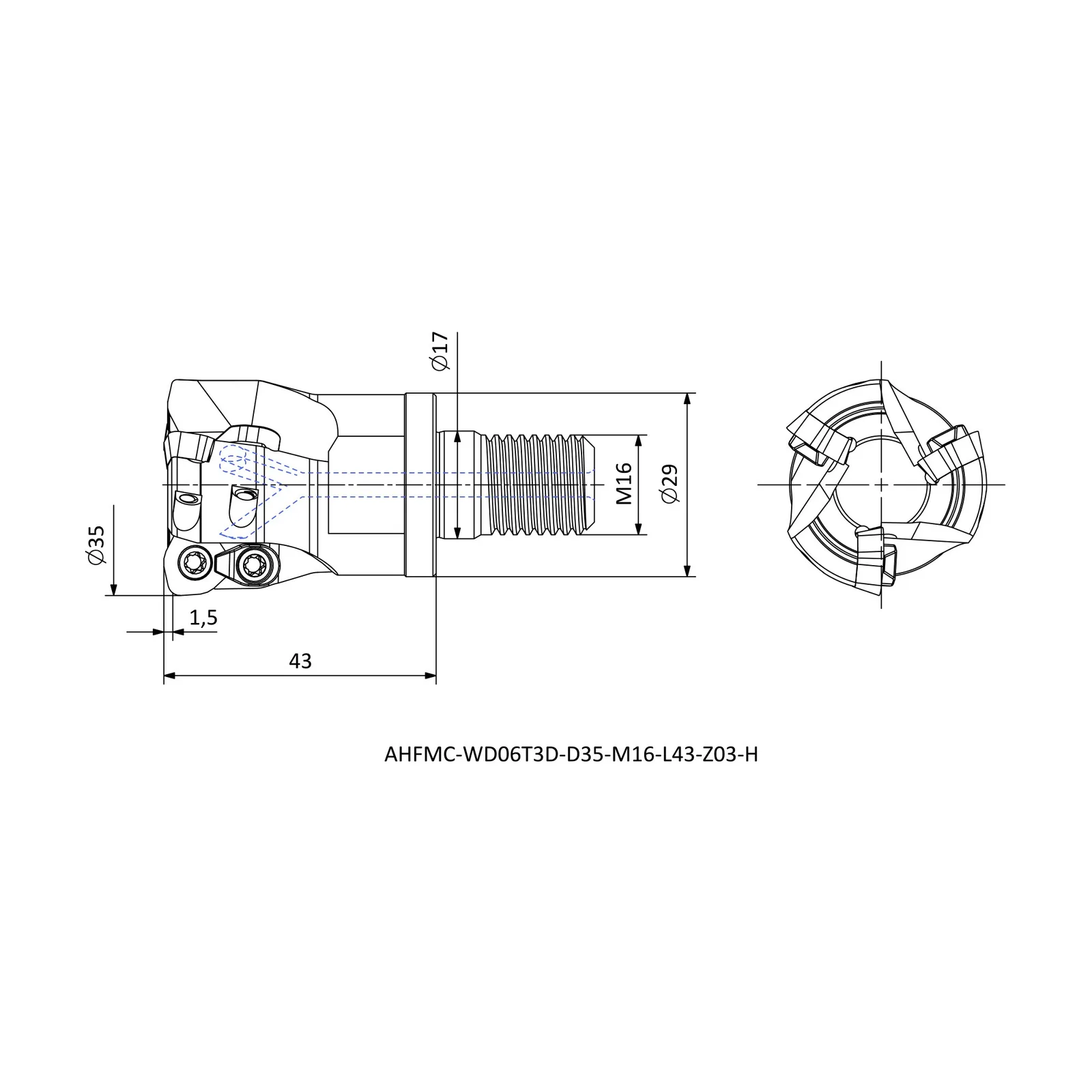 AHFMC-WD06T3D-D35-M16-L43-Z03-H &mdash; dimensioned drawing
