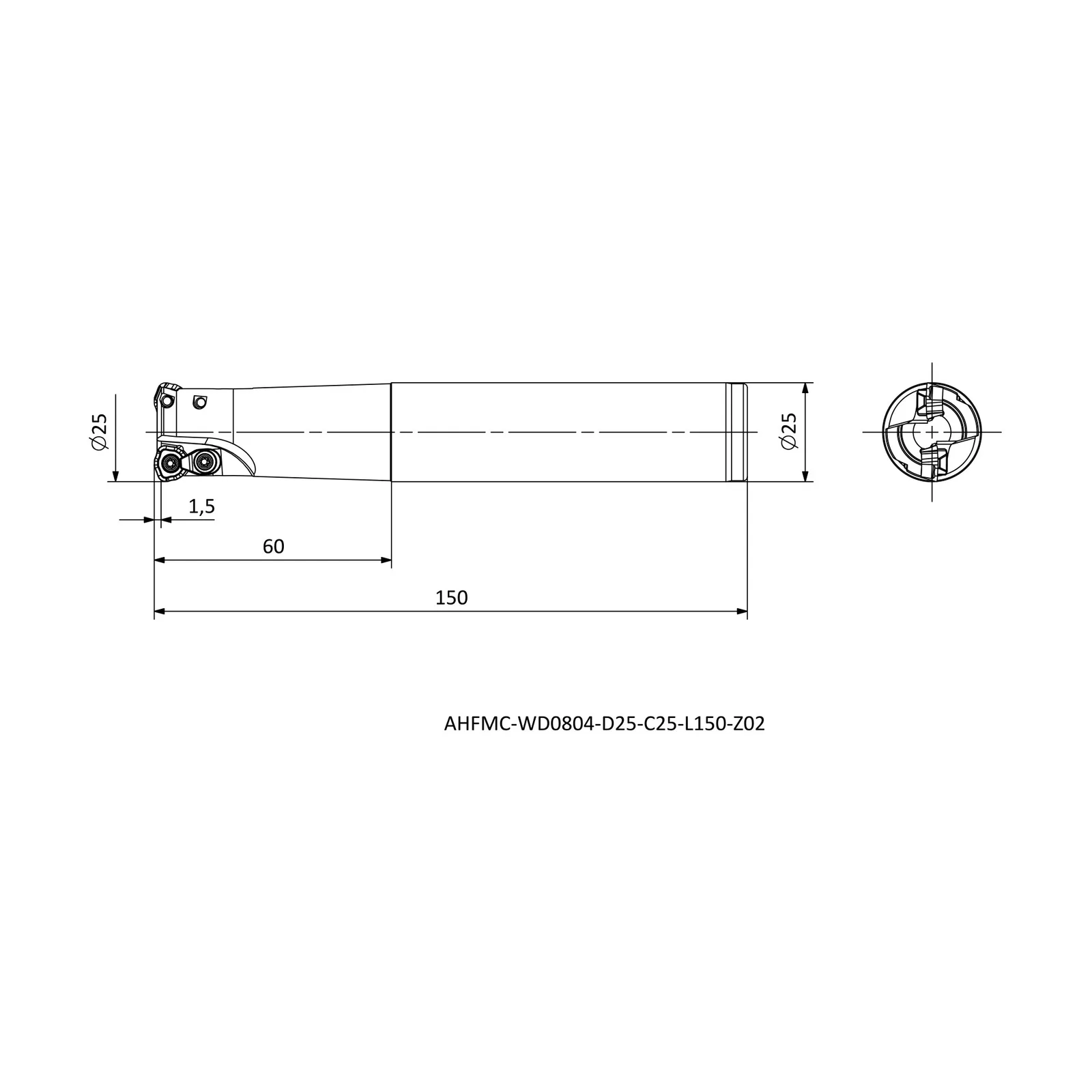 AHFMC-WD0804-D25-C25-L150-Z02 &mdash; dimensioned drawing