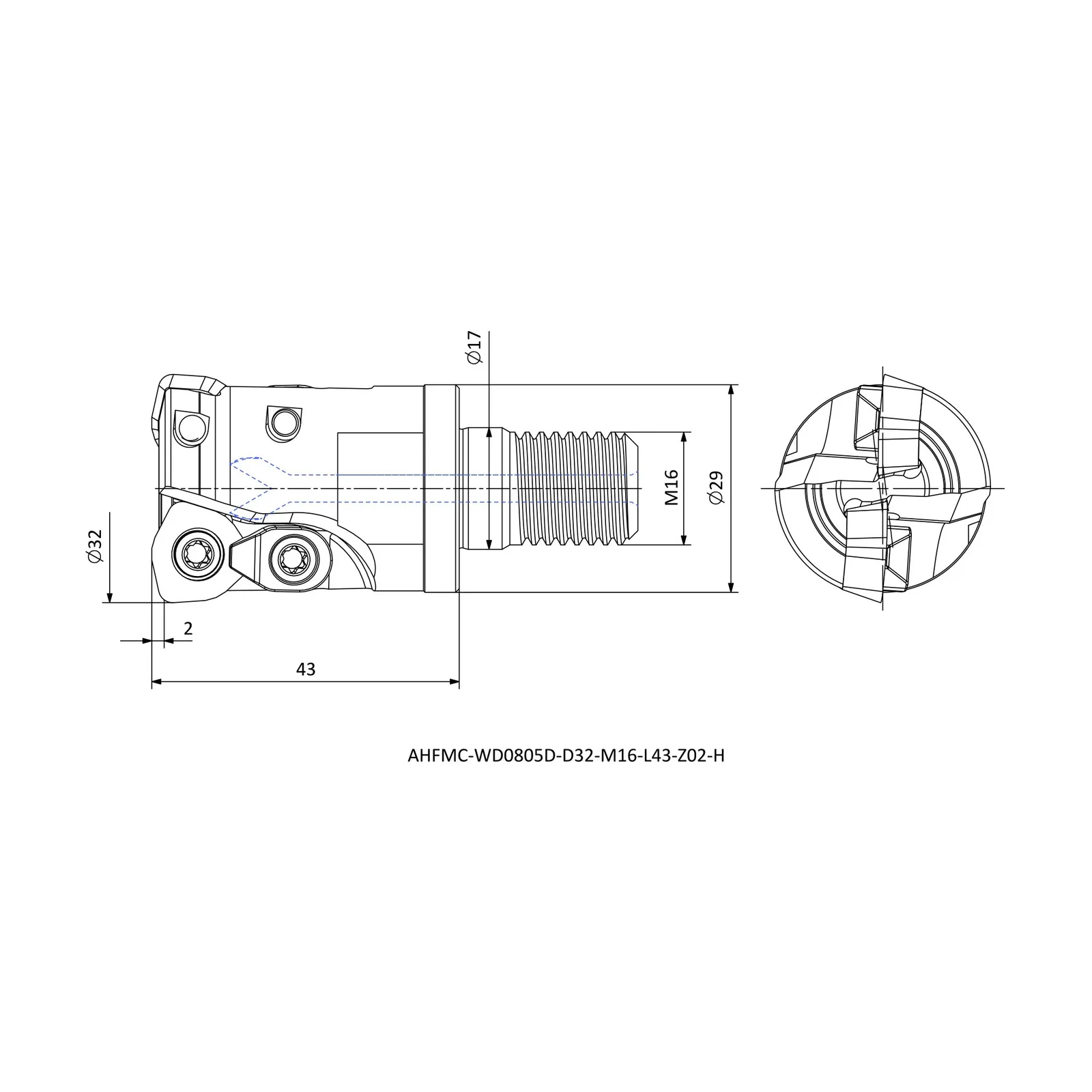 AHFMC-WD0805D-D32-M16-L43-Z02-H &mdash; dimensioned drawing