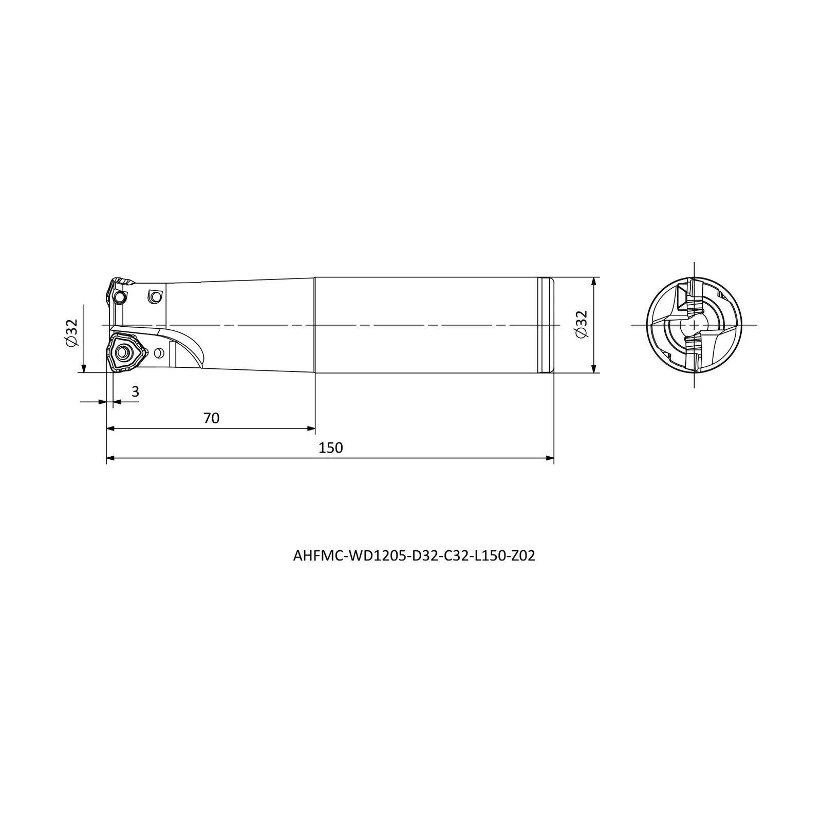 AHFMC-WD1205-D32-C32-L150-Z02 &mdash; dimensioned drawing