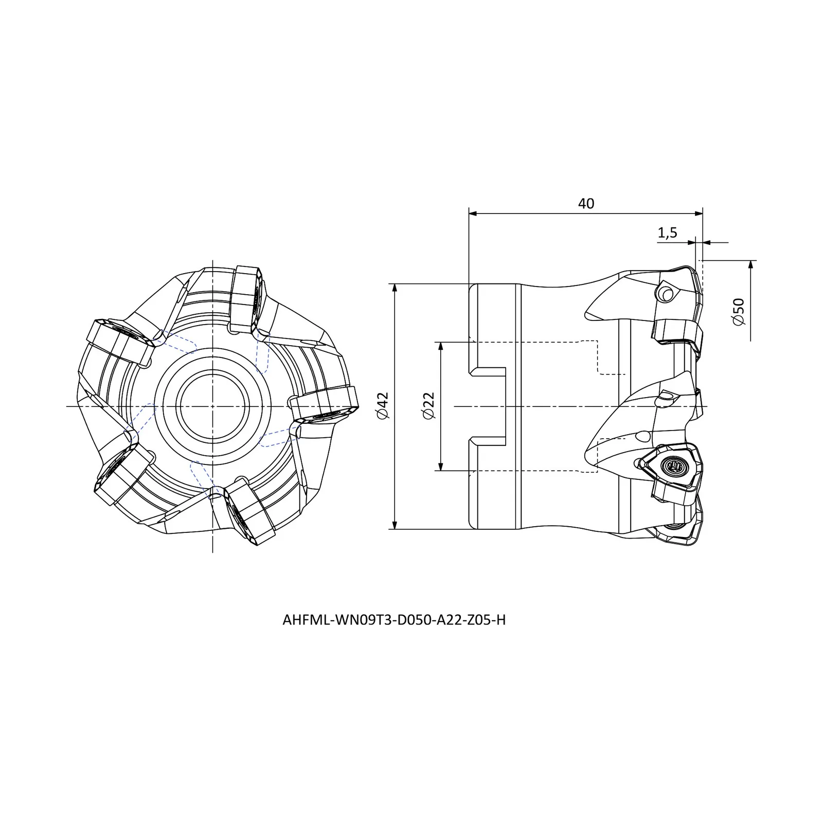AHFML-WN09T3-D050-A22-Z05-H &mdash; dimensioned drawing