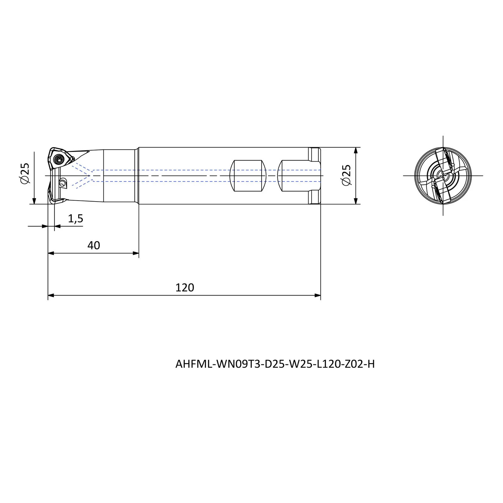 AHFML-WN09T3-D25-W25-L120-Z02-H &mdash; dimensioned drawing