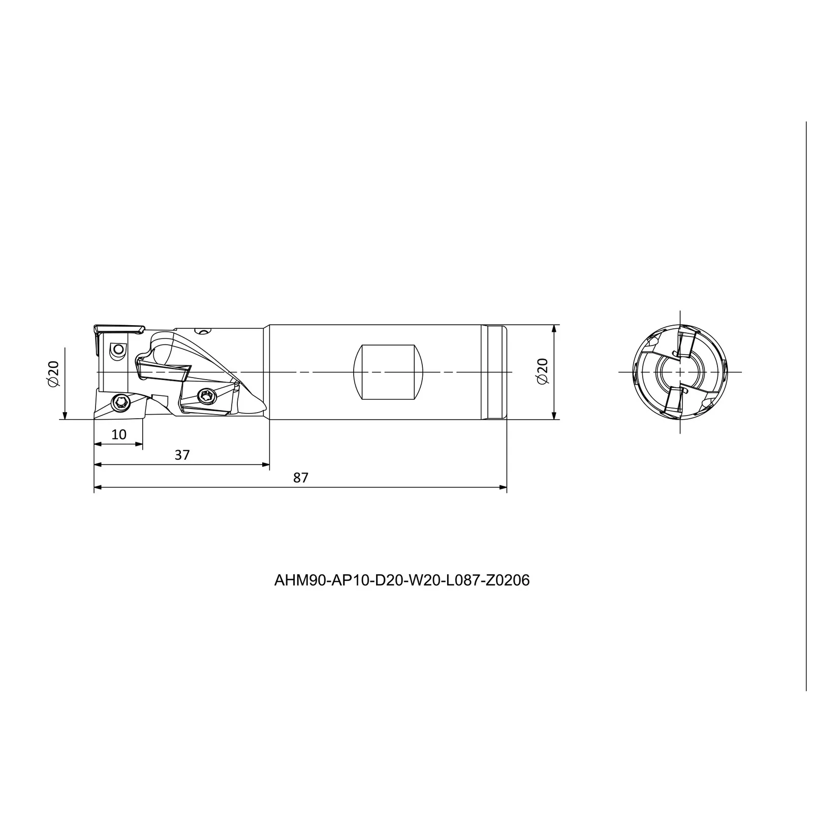 AHM90-AP10-D20-W20-L087-Z0206 &mdash; dimensioned drawing