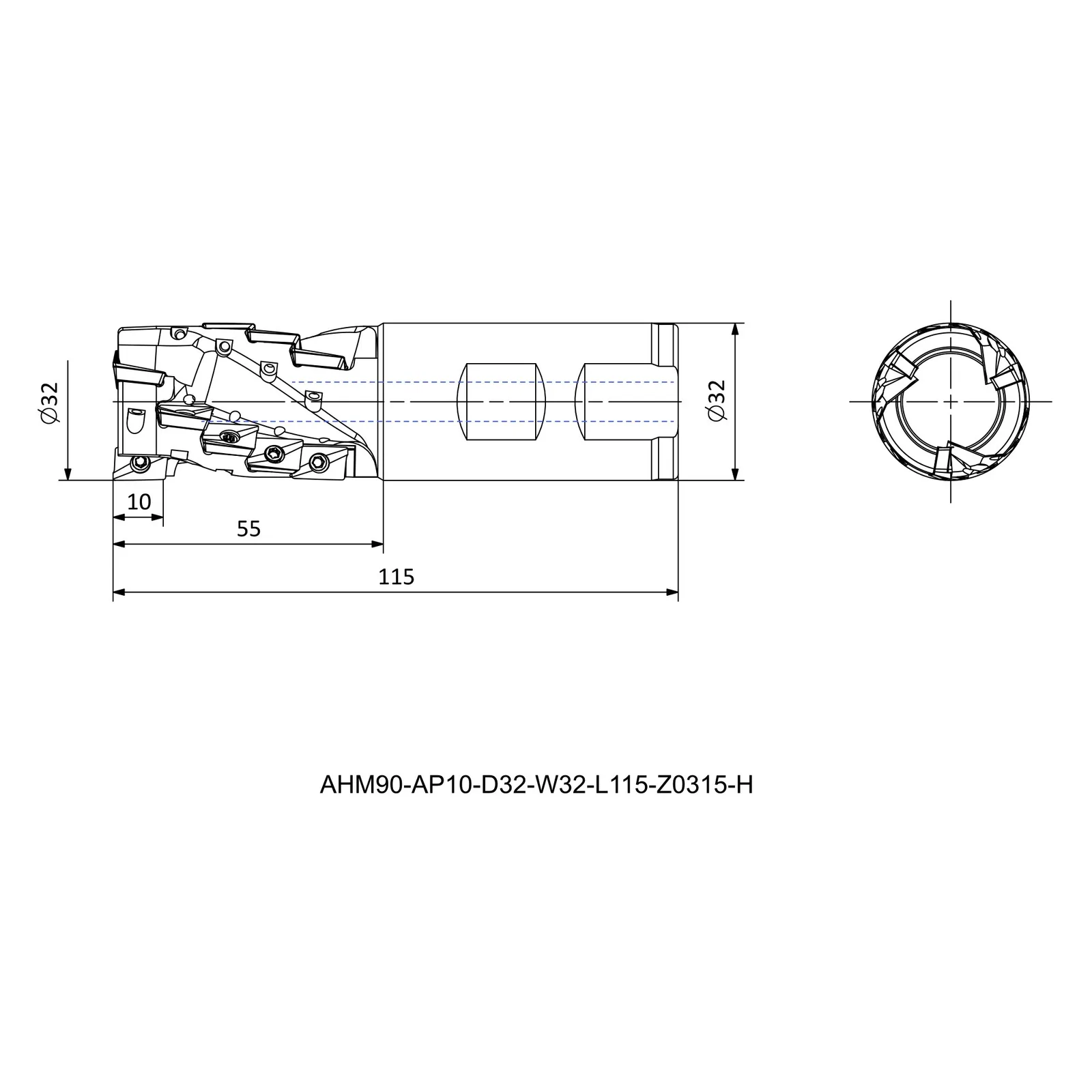 AHM90-AP10-D32-W32-L115-Z0315-H &mdash; dimensioned drawing