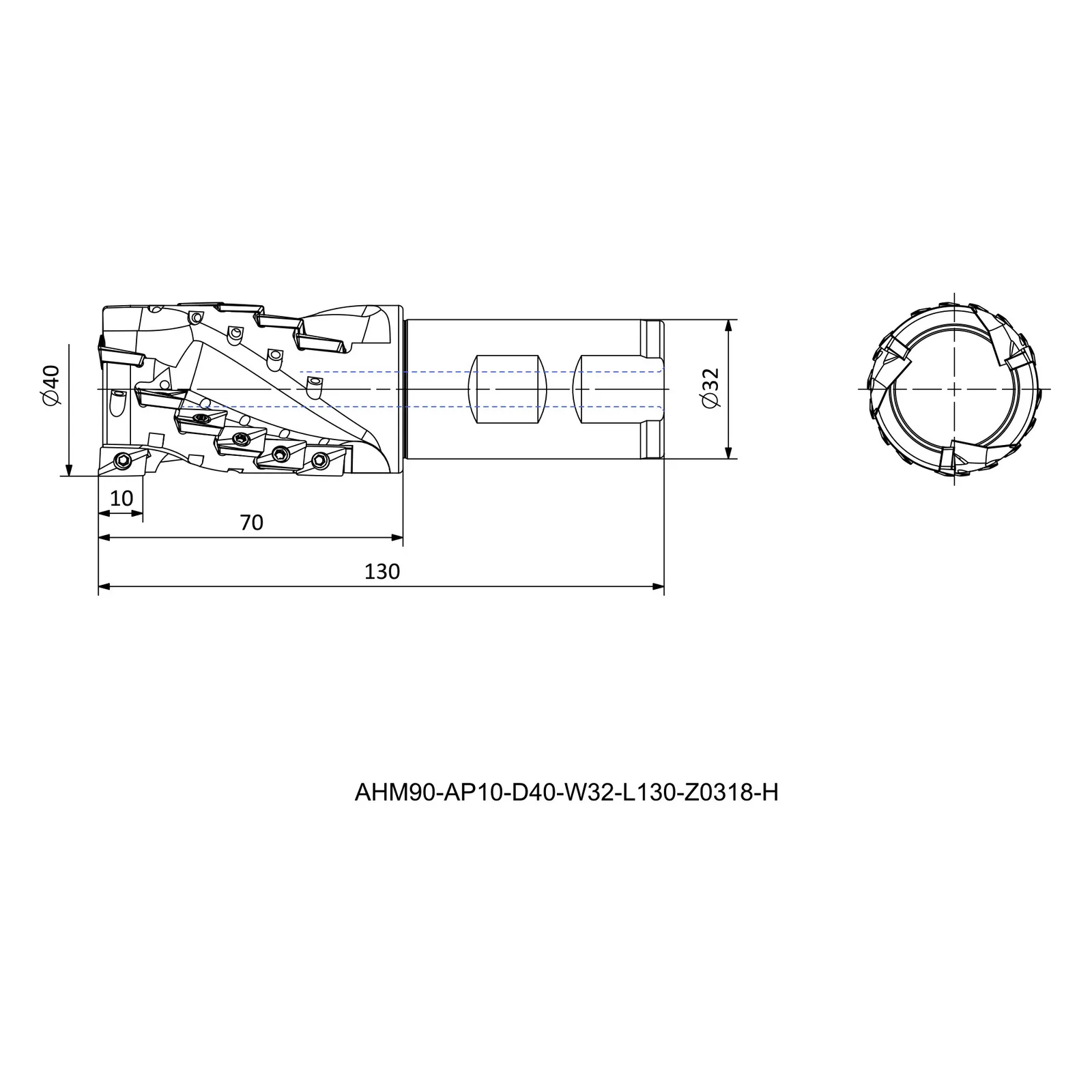 AHM90-AP10-D40-W32-L130-Z0318-H &mdash; dimensioned drawing