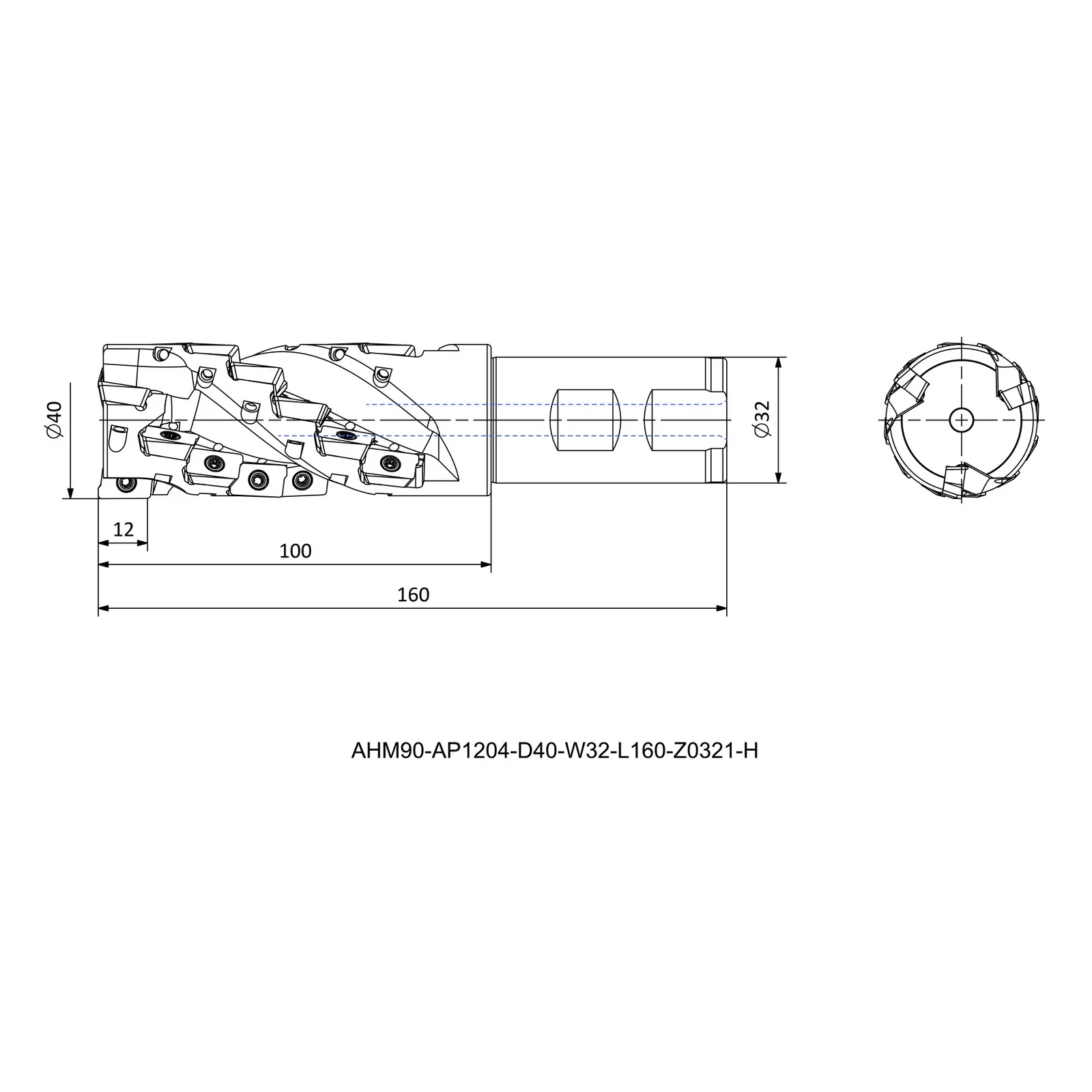AHM90-AP1204-D40-W32-L160-Z0321-H &mdash; dimensioned drawing