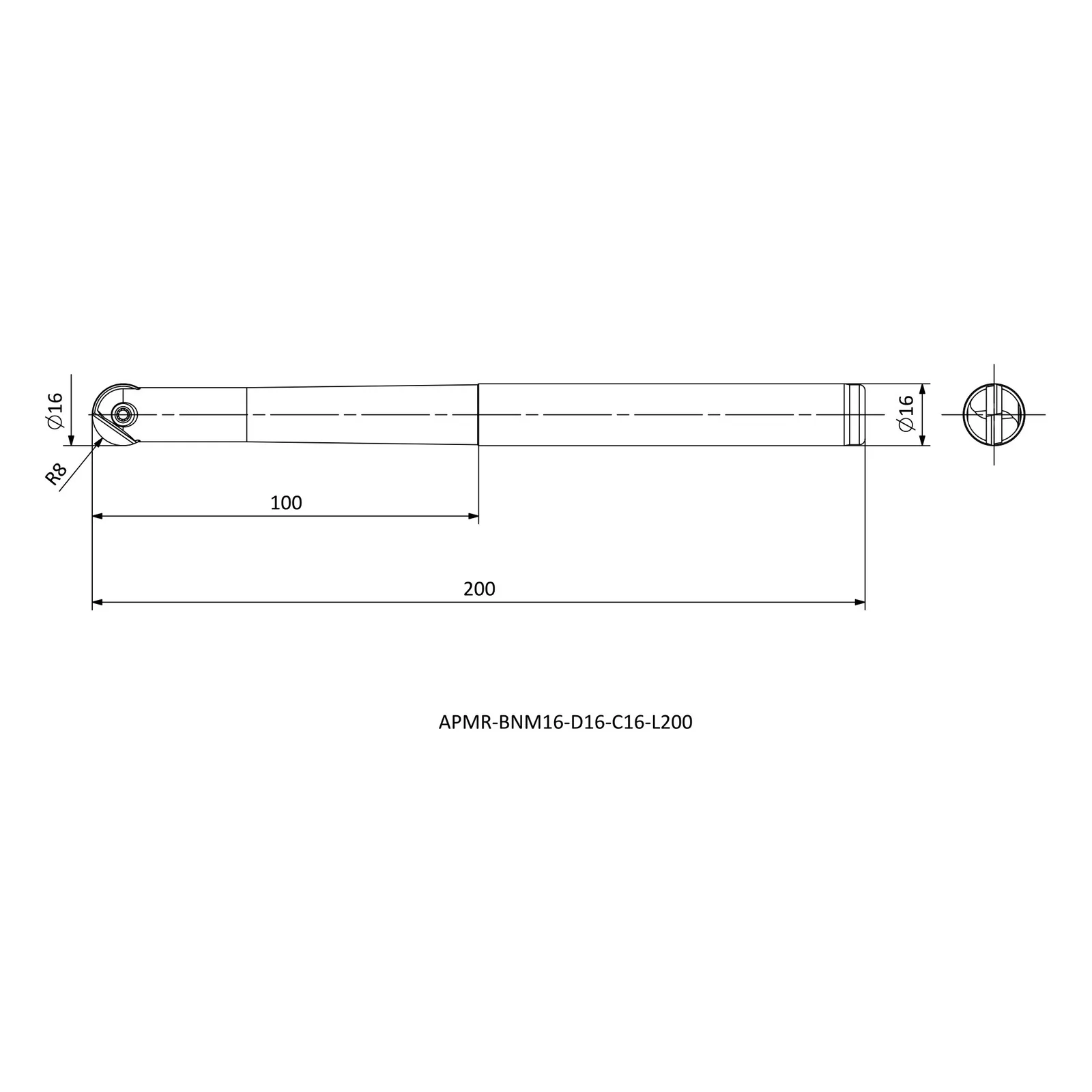 APMR-BNM16-D16-C16-L200 &mdash; dimensioned drawing