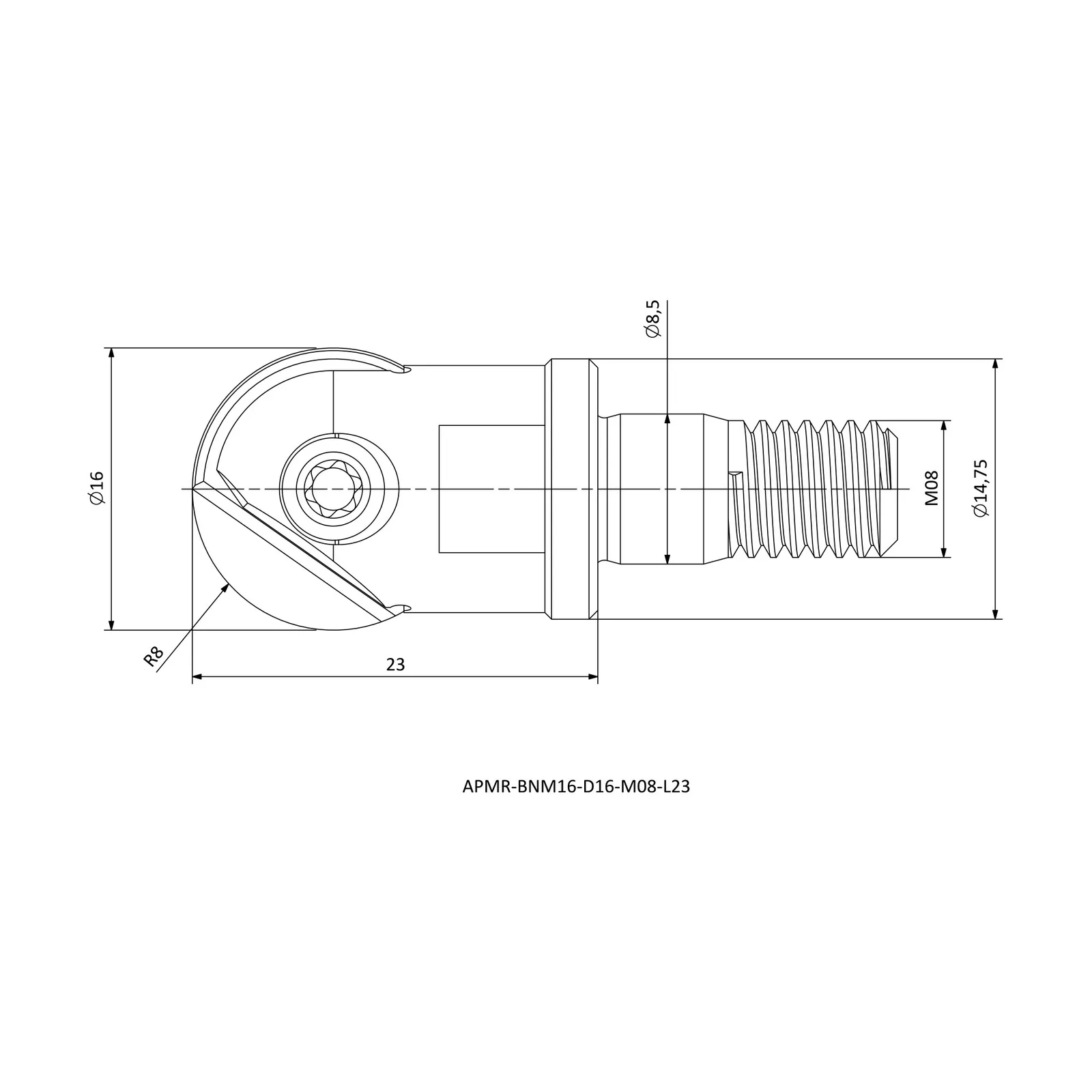 APMR-BNM16-D16-M08-L23 &mdash; dimensioned drawing