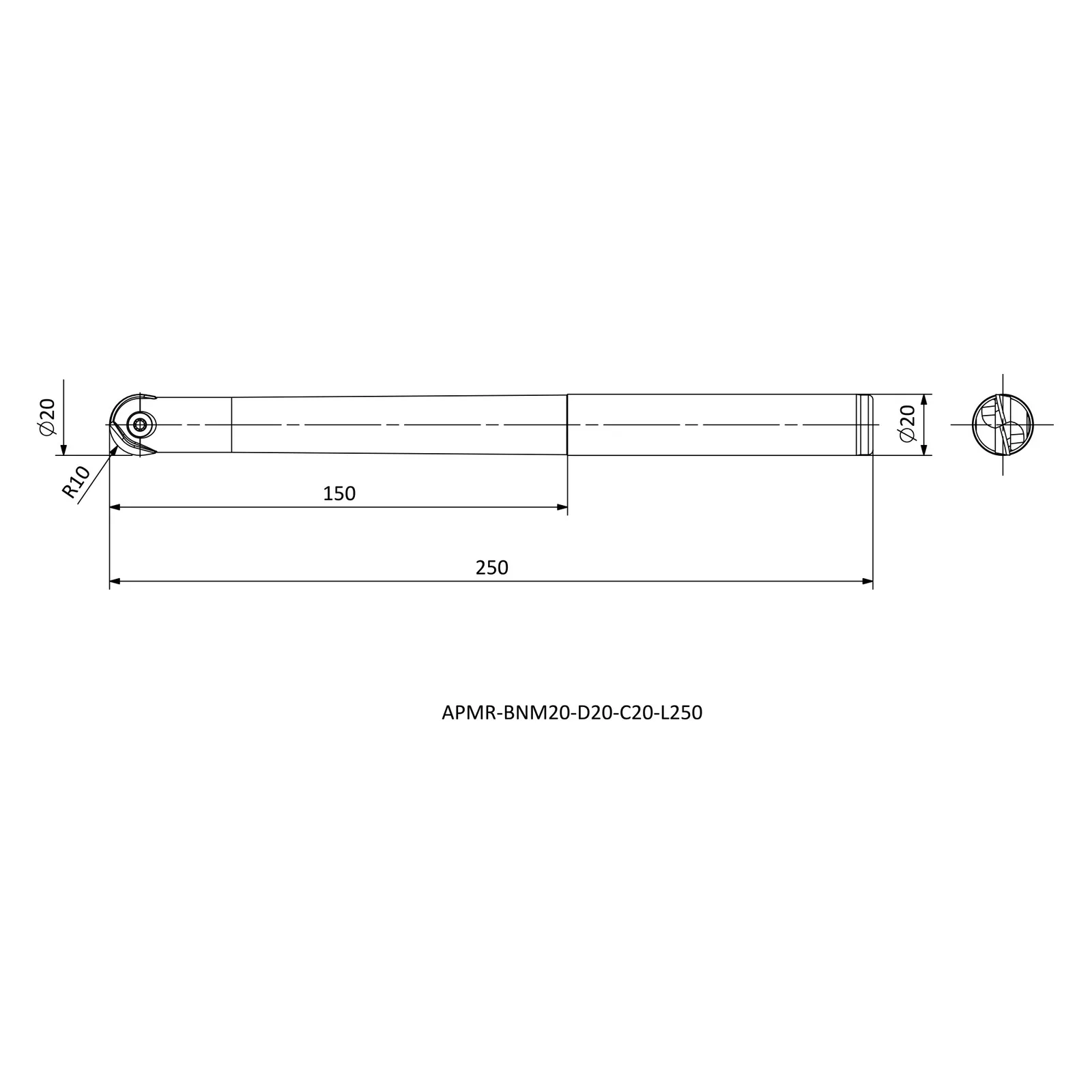 APMR-BNM20-D20-C20-L250 &mdash; dimensioned drawing