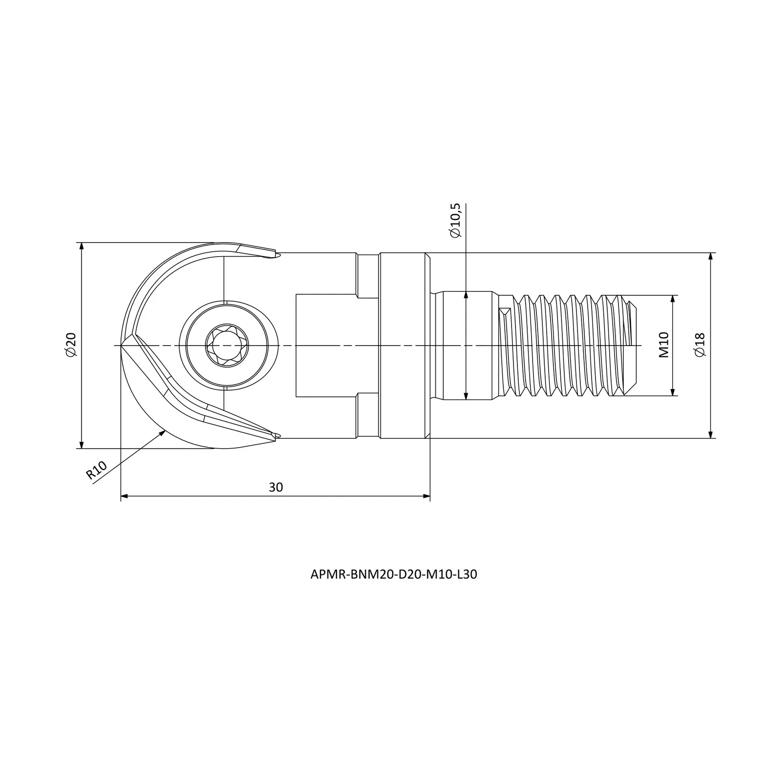 APMR-BNM20-D20-M10-L30 &mdash; dimensioned drawing