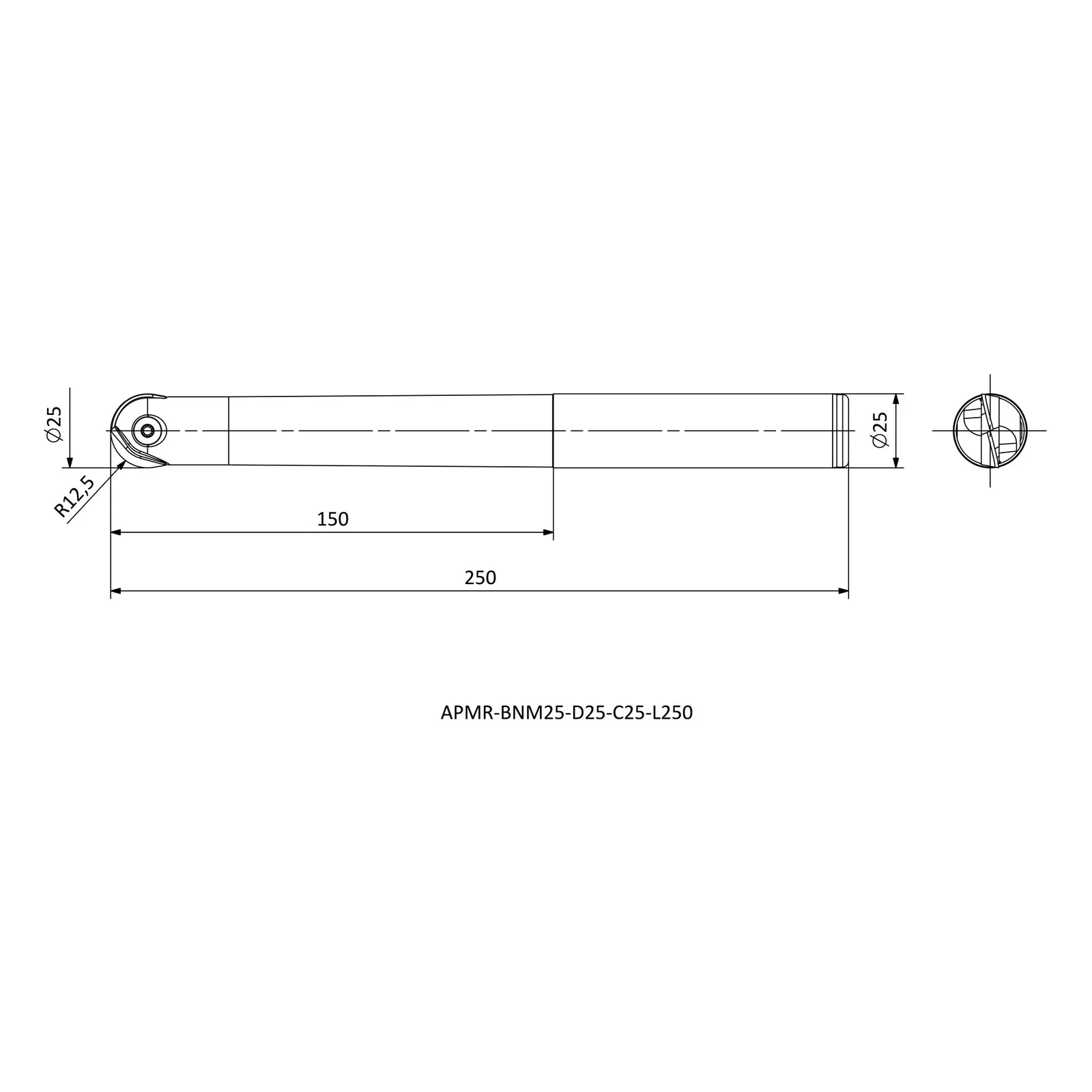 APMR-BNM25-D25-C25-L250 &mdash; dimensioned drawing
