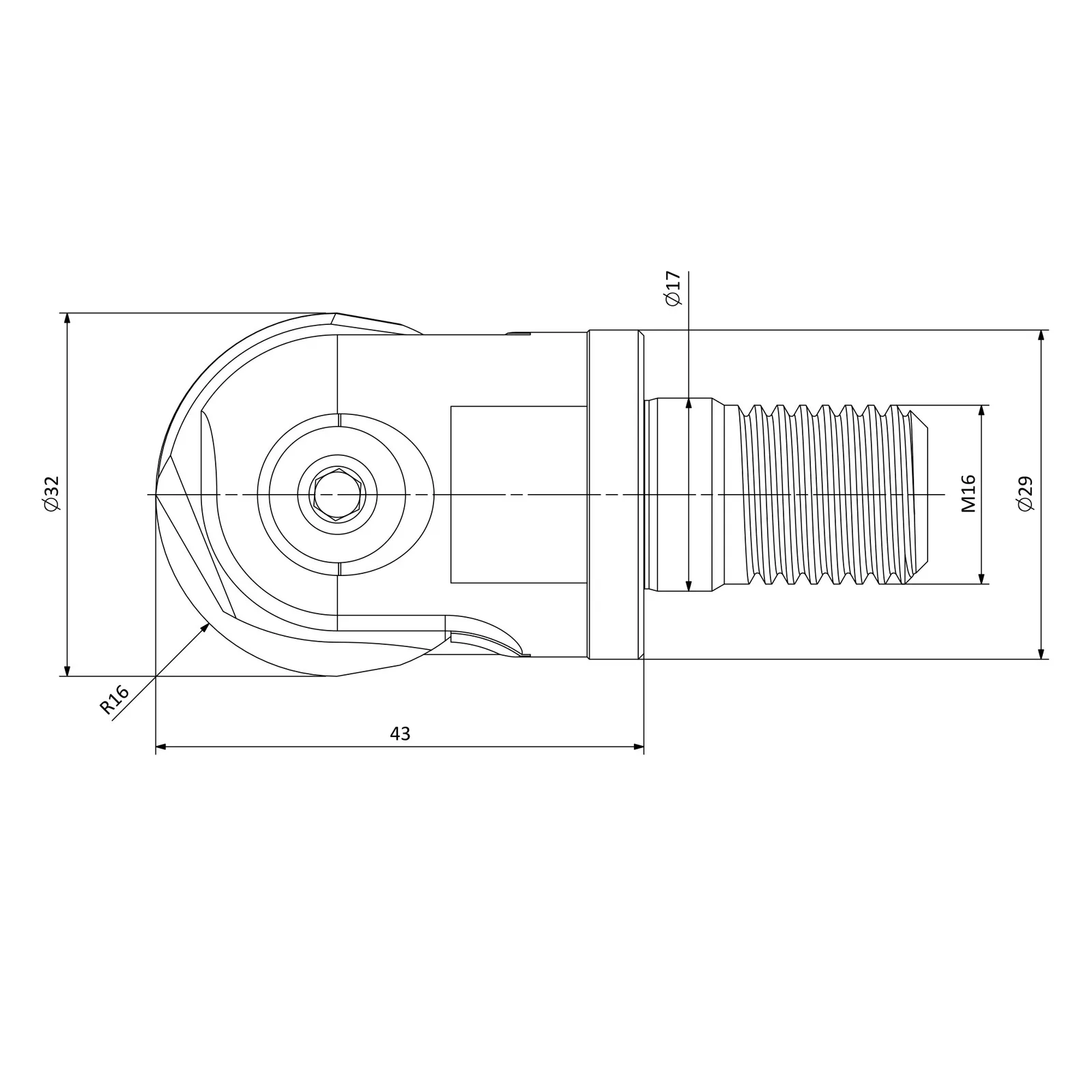 APMR-P3232-D32-M16-L43 &mdash; dimensioned drawing