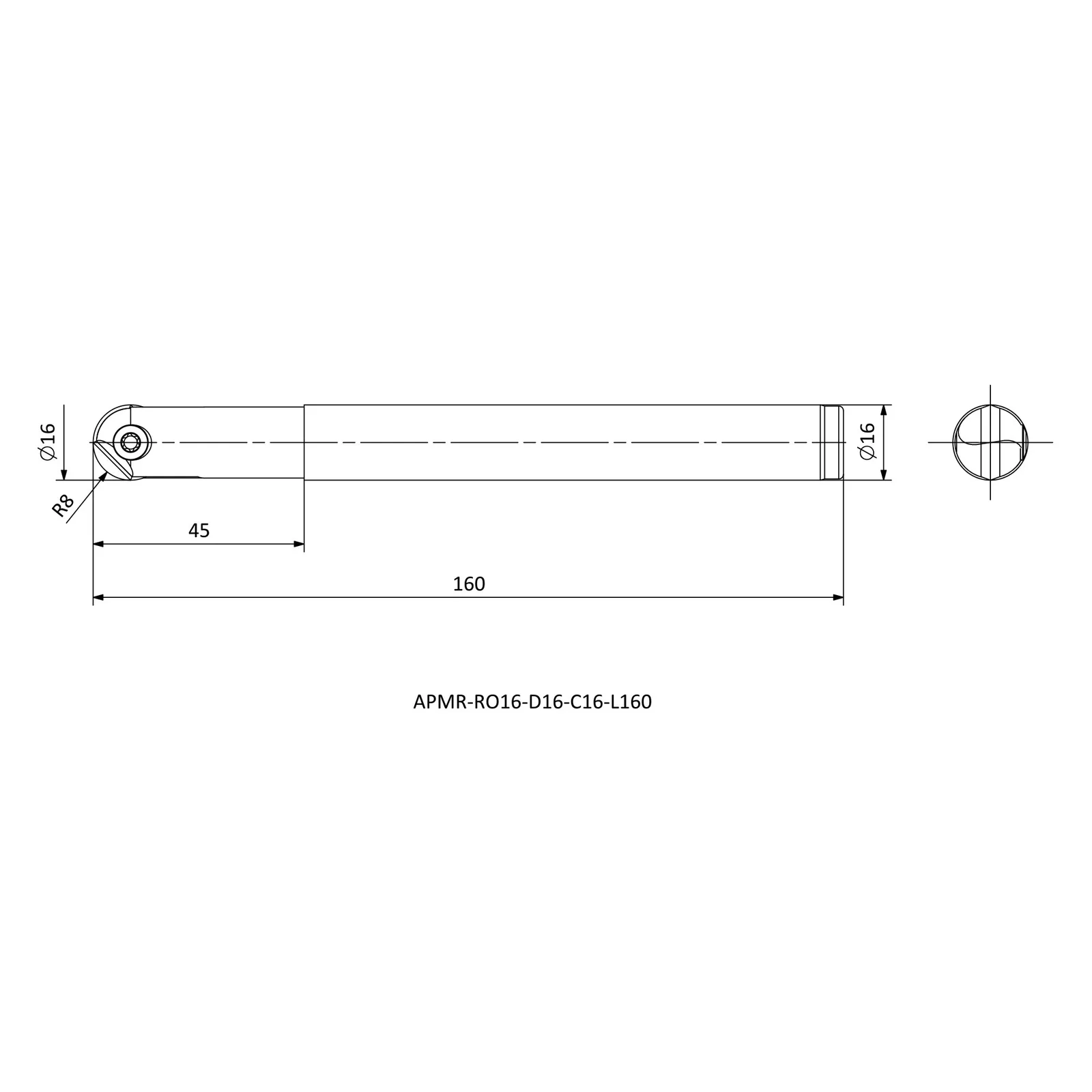 APMR-RO16-D16-C16-L160 &mdash; dimensioned drawing