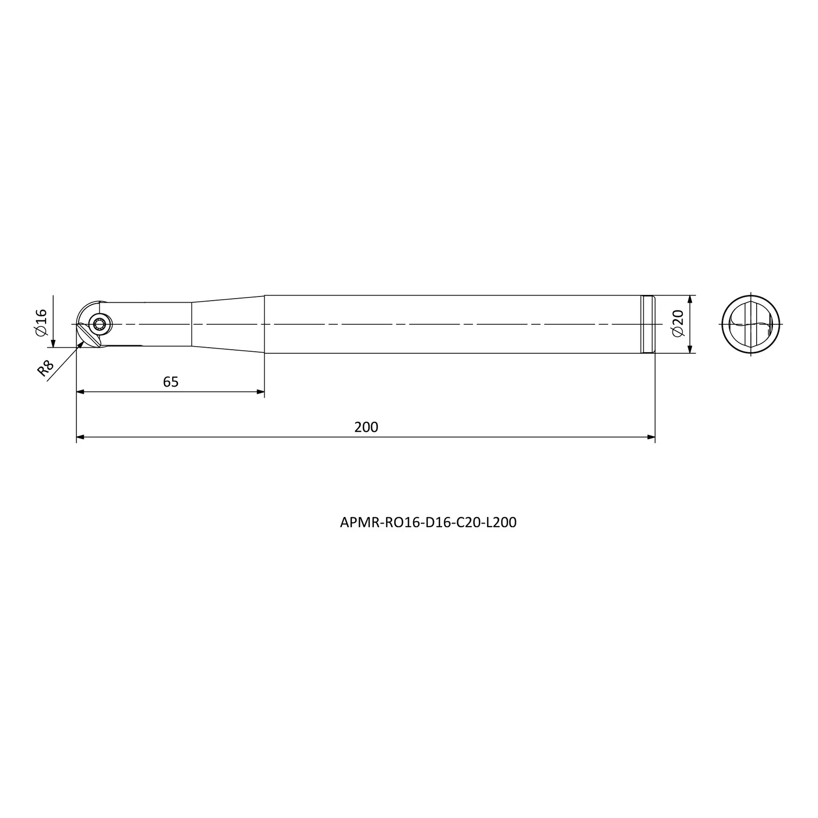 APMR-RO16-D16-C20-L200 &mdash; dimensioned drawing