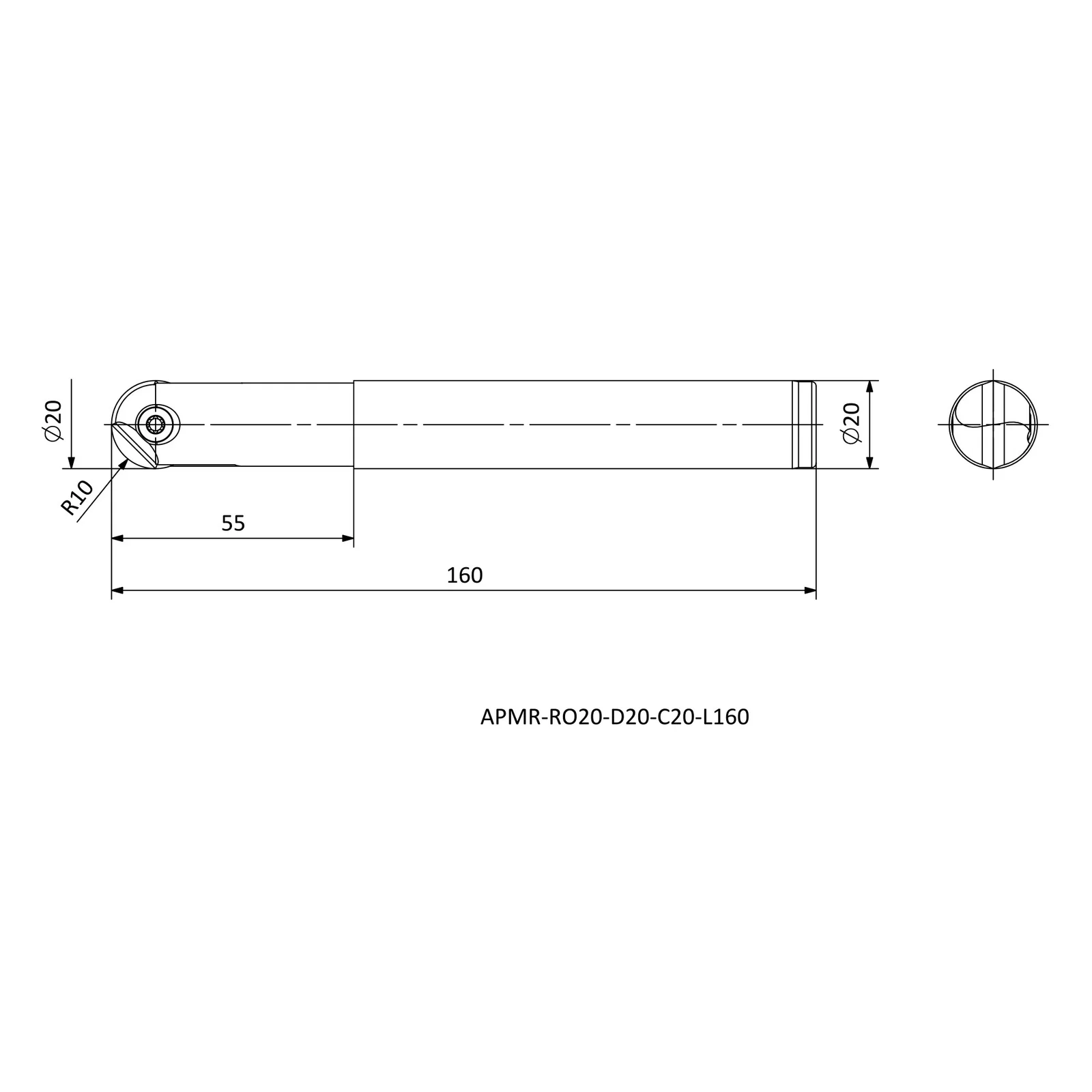 APMR-RO20-D20-C20-L160 &mdash; dimensioned drawing