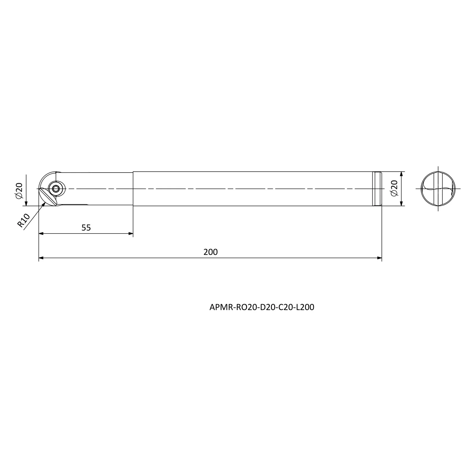 APMR-RO20-D20-C20-L200 &mdash; dimensioned drawing