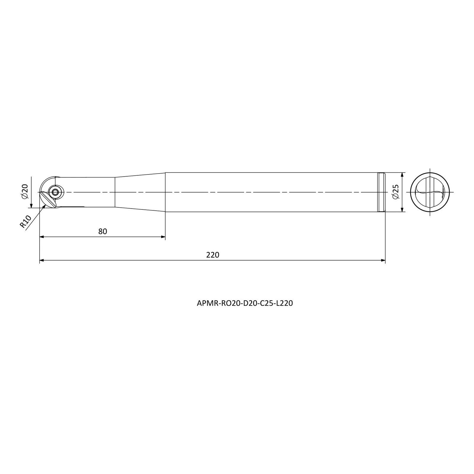 APMR-RO20-D20-C25-L220 &mdash; dimensioned drawing
