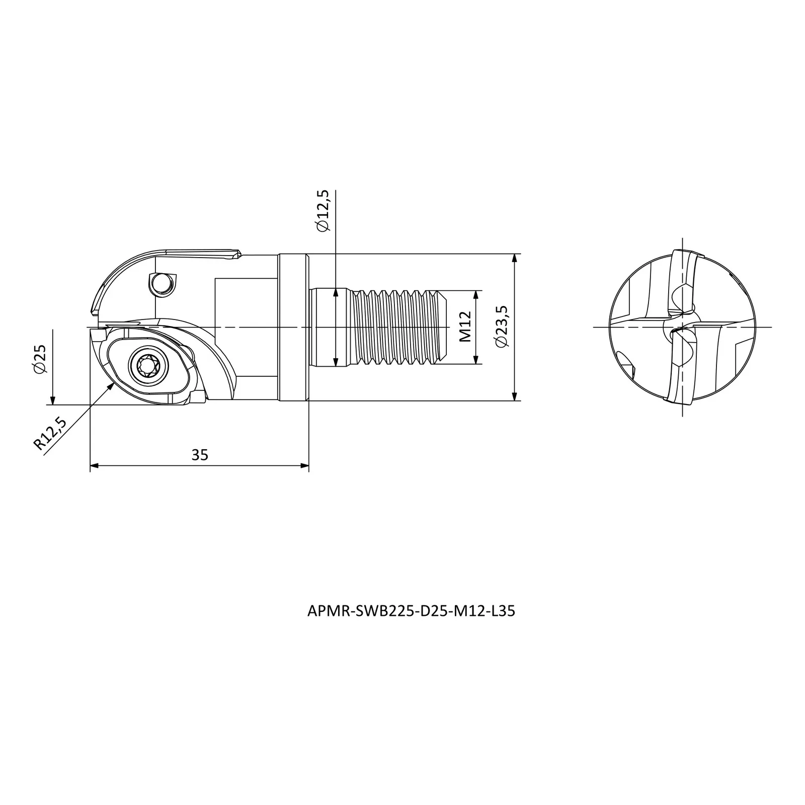 APMR-SWB225-D25-M12-L35 &mdash; dimensioned drawing