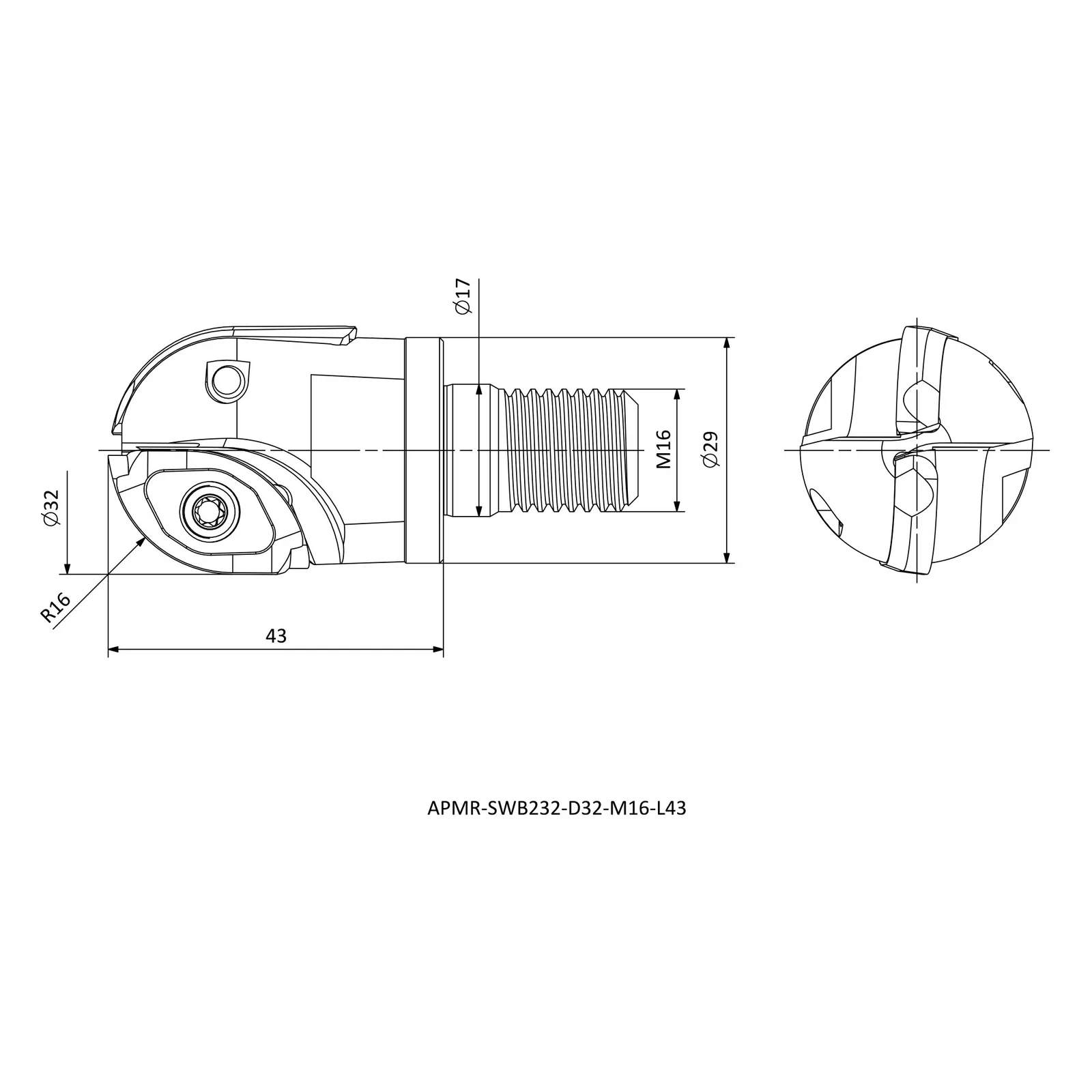 APMR-SWB232-D32-M16-L43 &mdash; dimensioned drawing