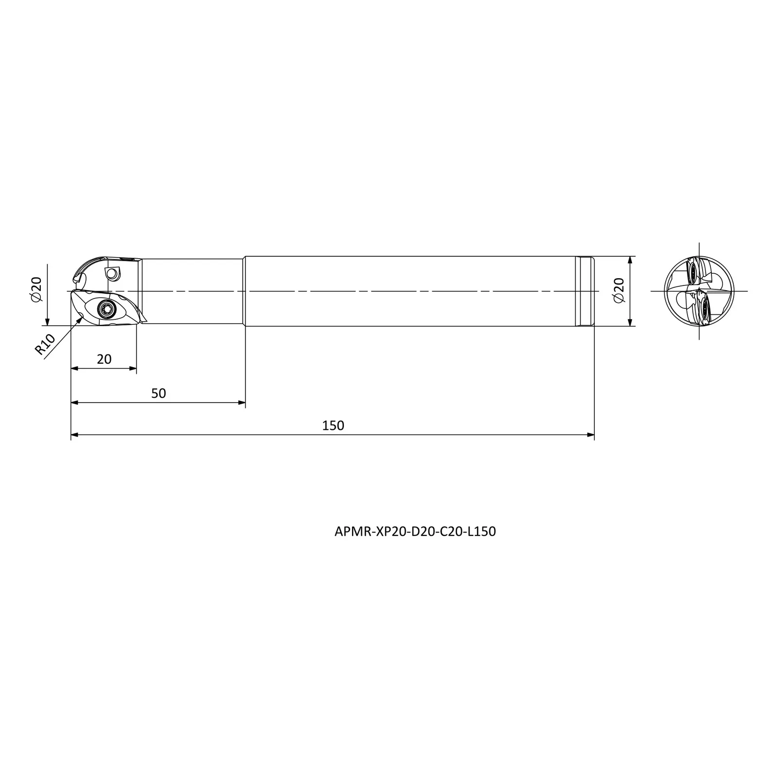 APMR-XP20-D20-C20-L150 &mdash; dimensioned drawing