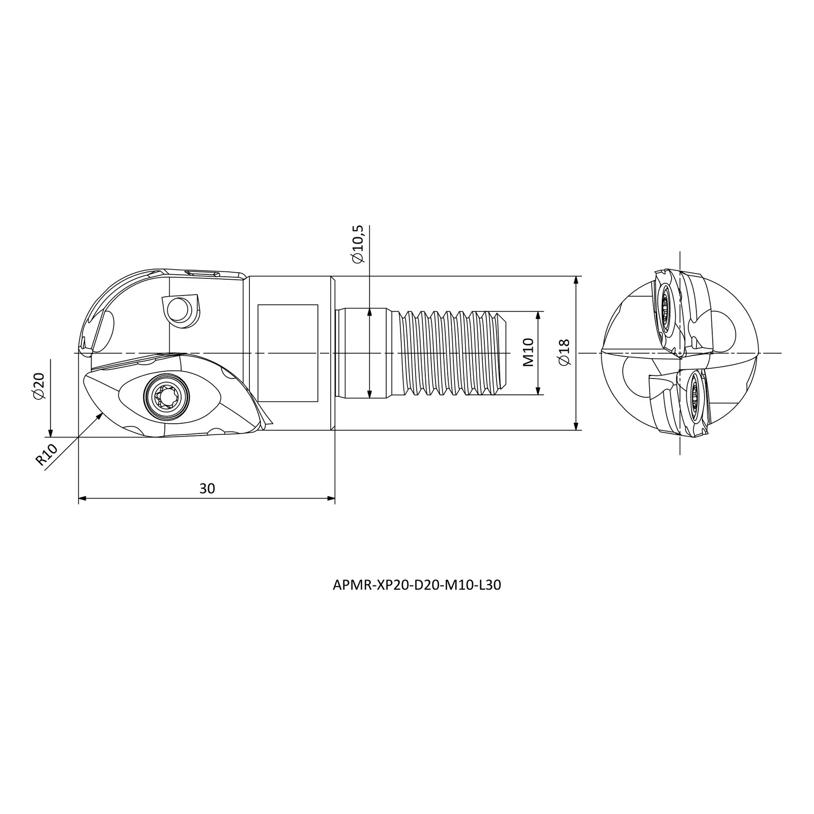 APMR-XP20-D20-M10-L30 &mdash; dimensioned drawing
