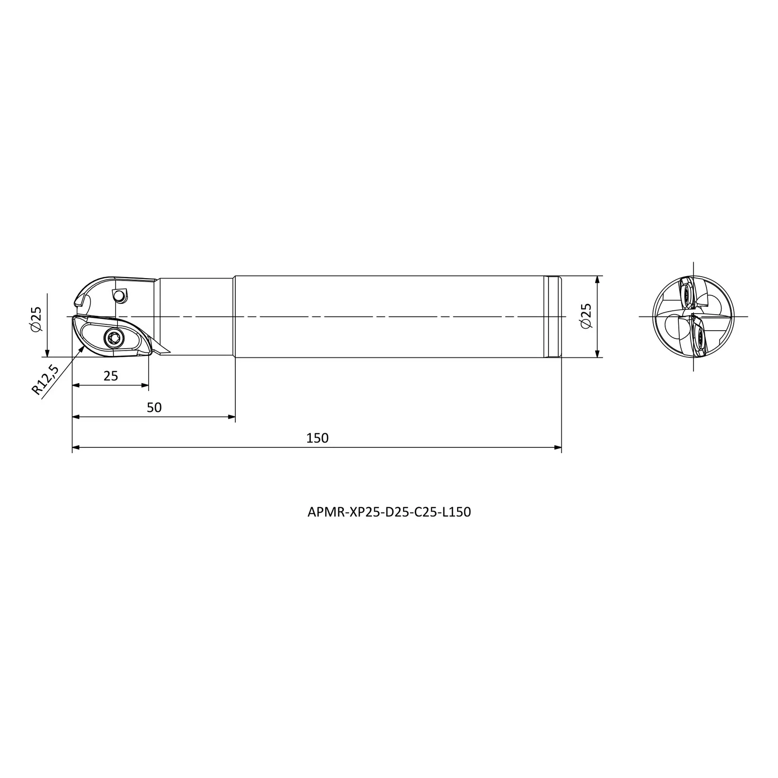 APMR-XP25-D25-C25-L150 &mdash; dimensioned drawing