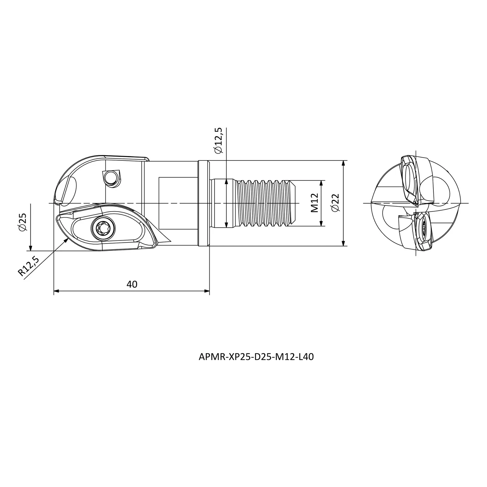 APMR-XP25-D25-M12-L40 &mdash; dimensioned drawing