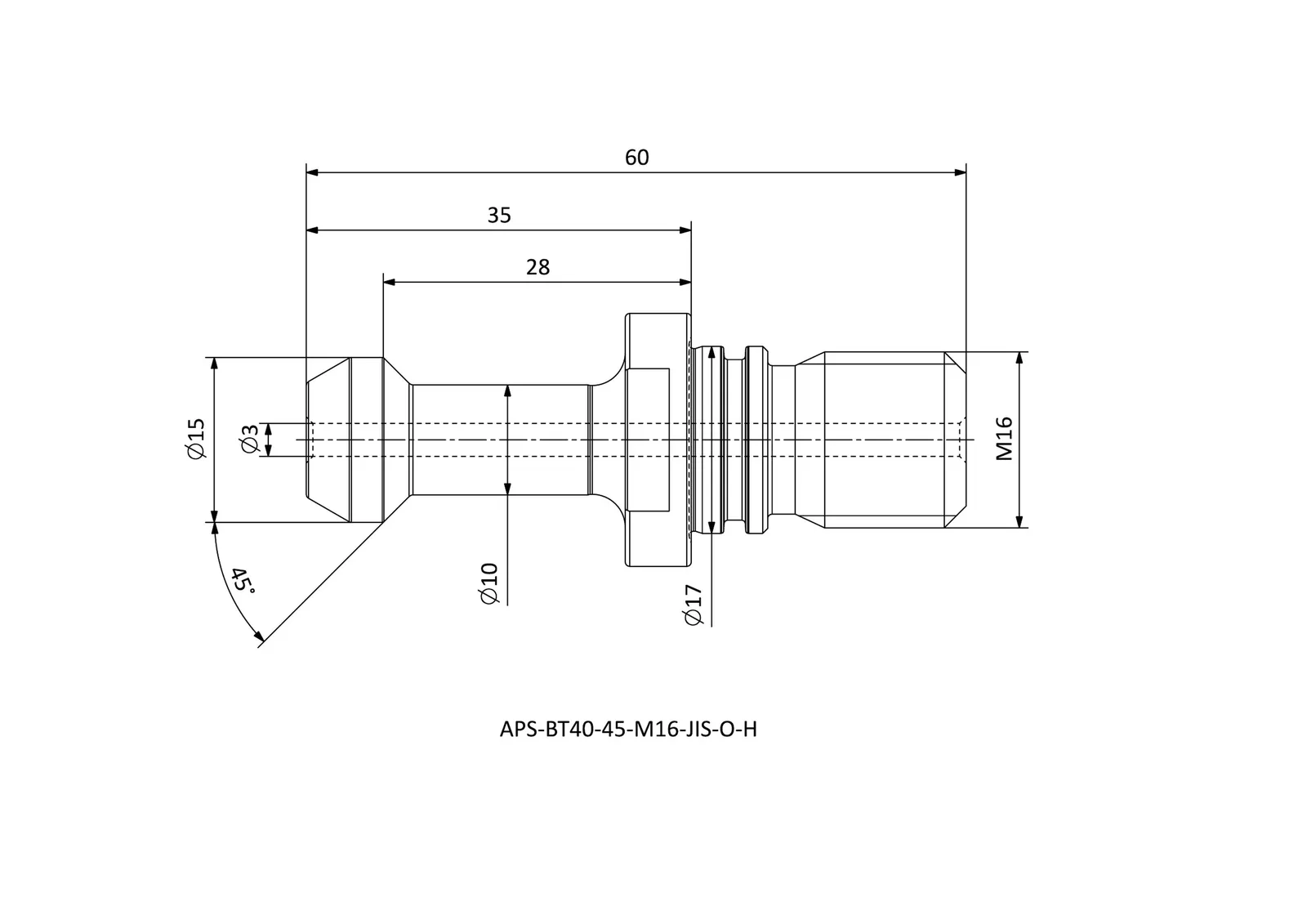 APS-BT40-45-M16-JIS-O-H &mdash; dimensioned drawing