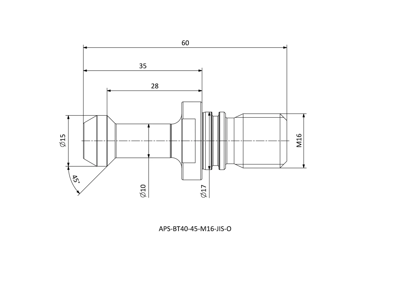 APS-BT40-45-M16-JIS-O &mdash; dimensioned drawing