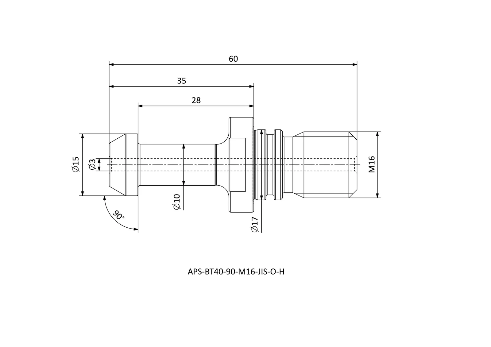 APS-BT40-90-M16-JIS-O-H &mdash; dimensioned drawing