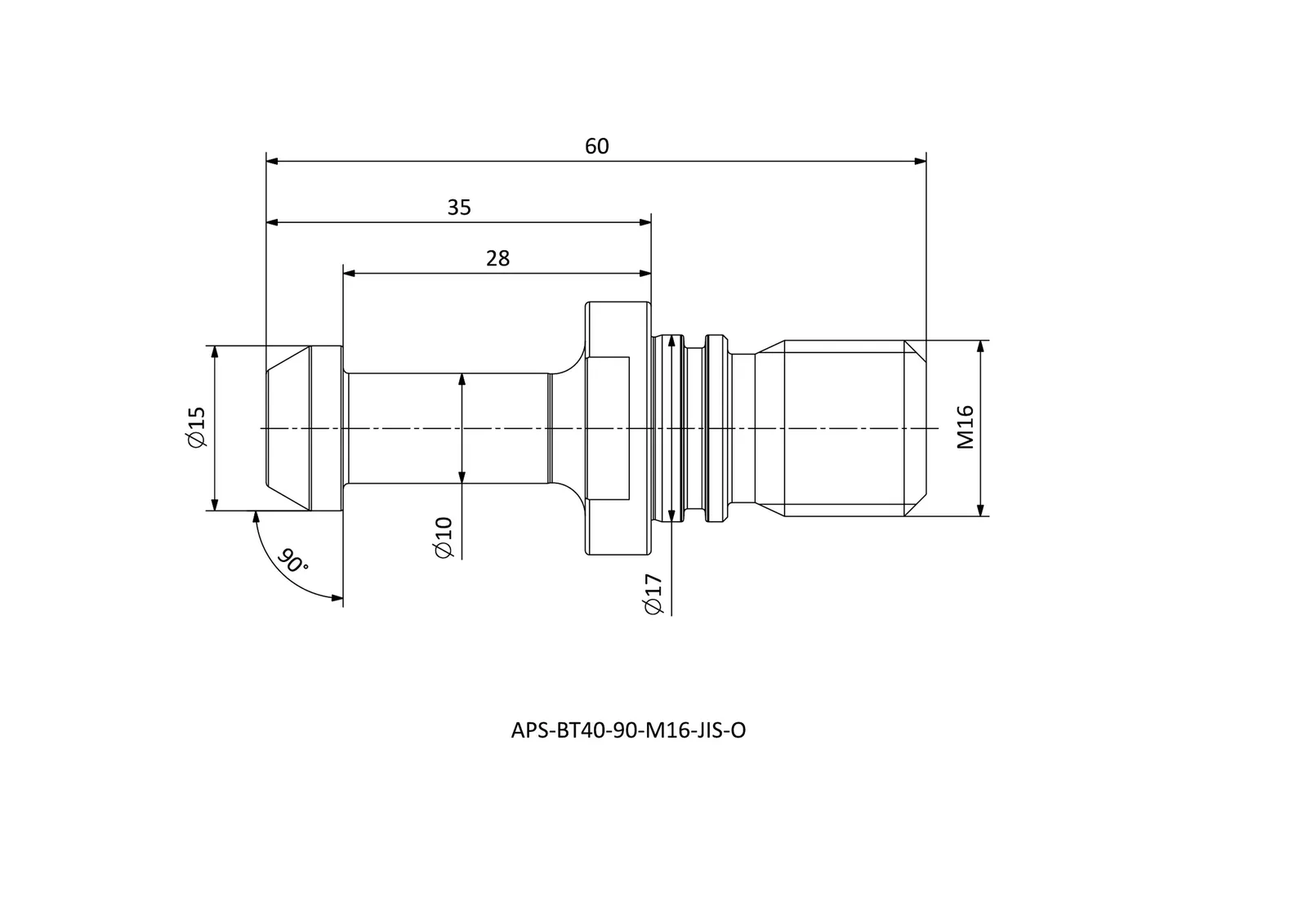 APS-BT40-90-M16-JIS-O &mdash; dimensioned drawing