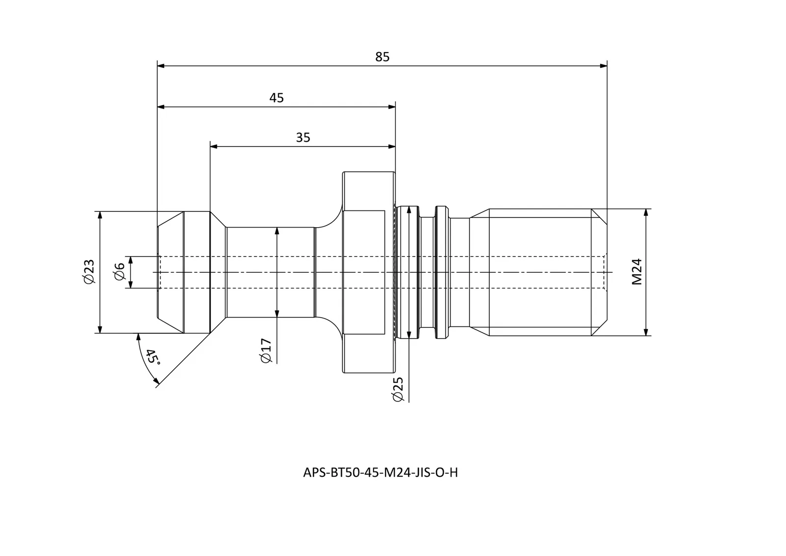 APS-BT50-45-M24-JIS-O-H &mdash; dimensioned drawing