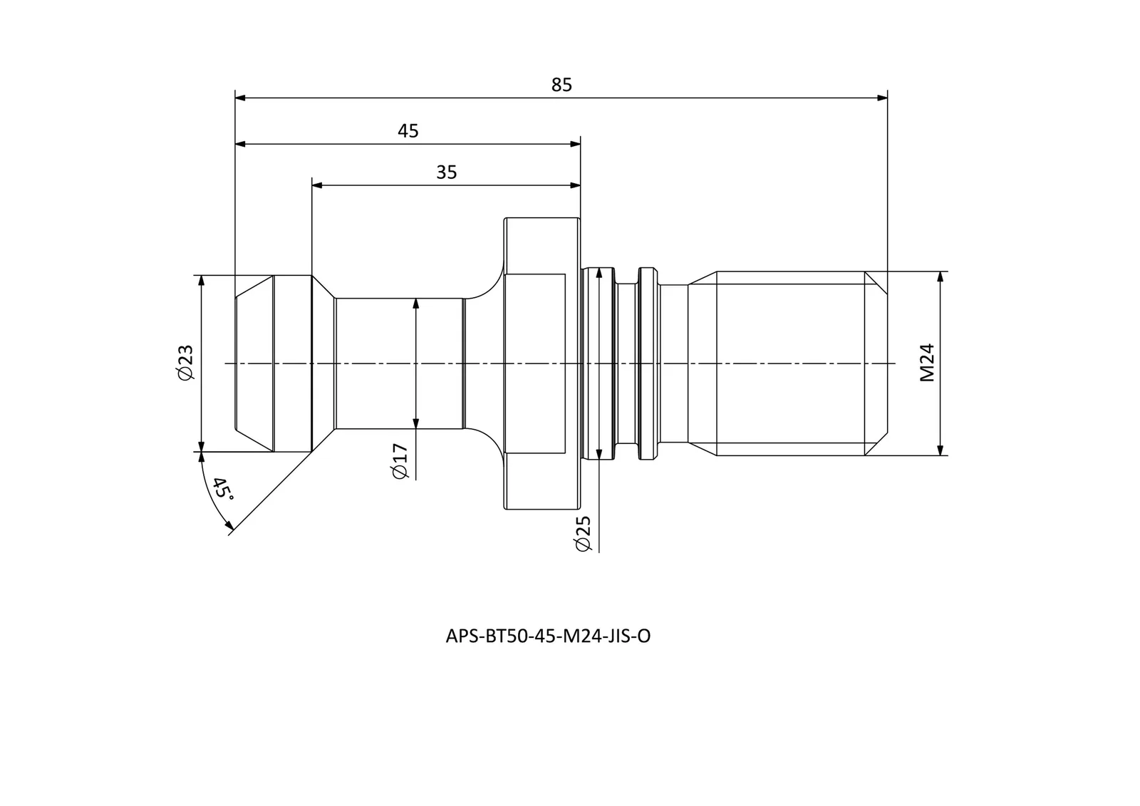 APS-BT50-45-M24-JIS-O &mdash; dimensioned drawing
