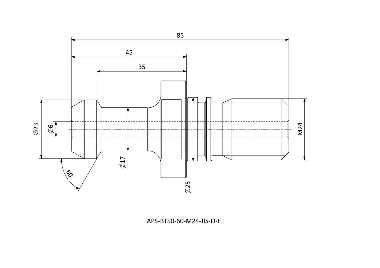 APS-BT50-60-M24-JIS-O-H &mdash; dimensioned drawing
