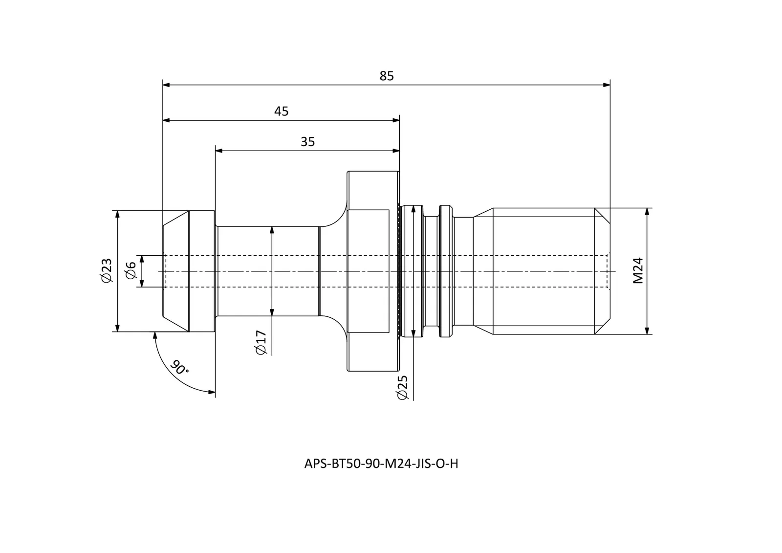 APS-BT50-90-M24-JIS-O-H &mdash; dimensioned drawing