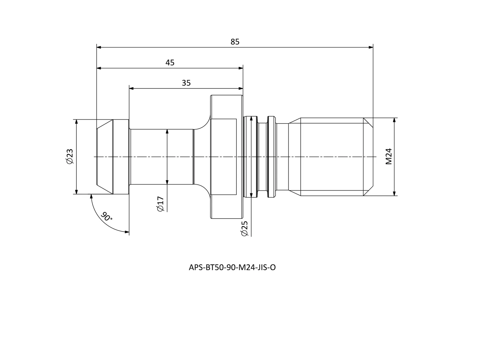 APS-BT50-90-M24-JIS-O &mdash; dimensioned drawing