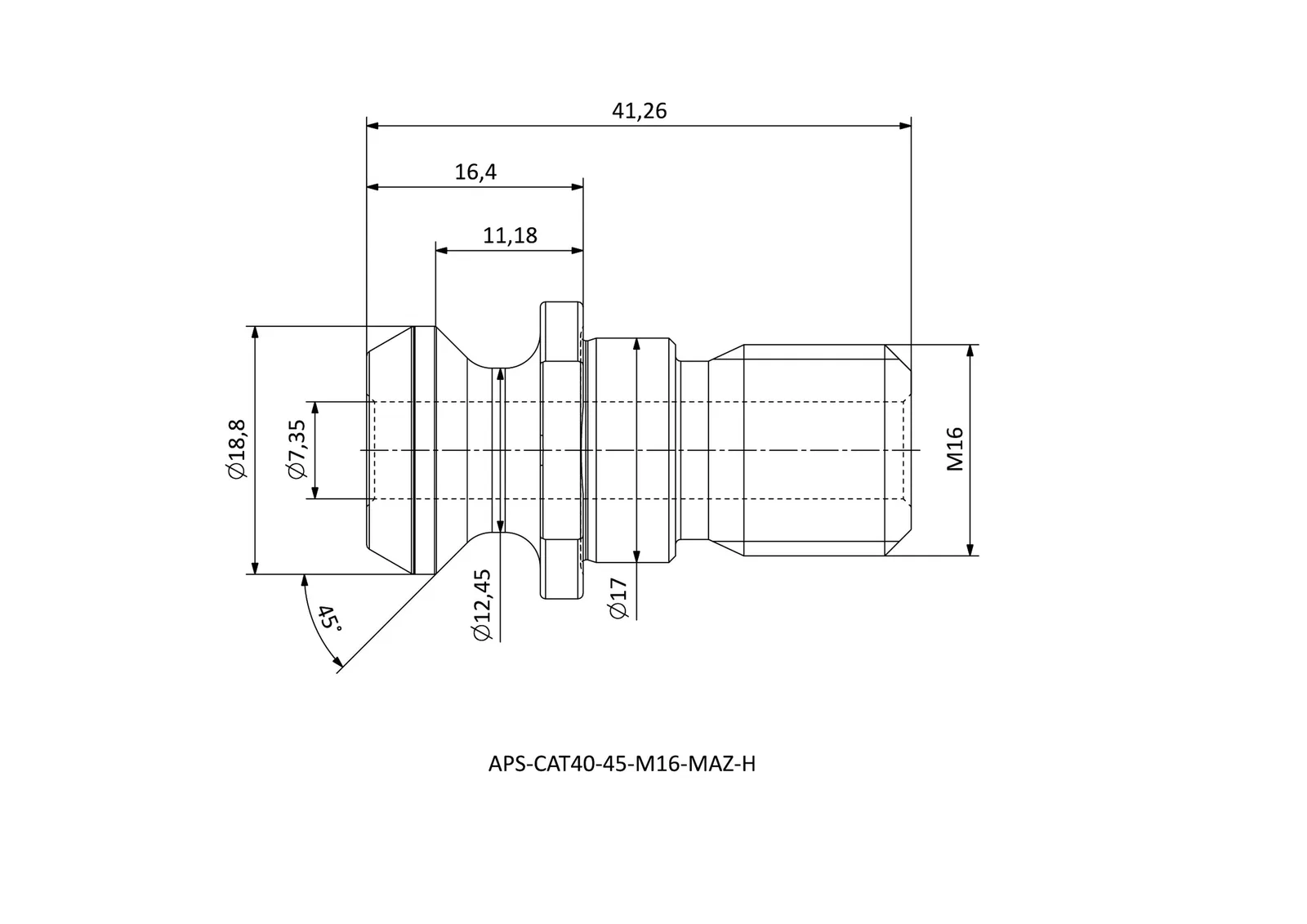 APS-CAT40-45-M16-MAZ-H &mdash; dimensioned drawing