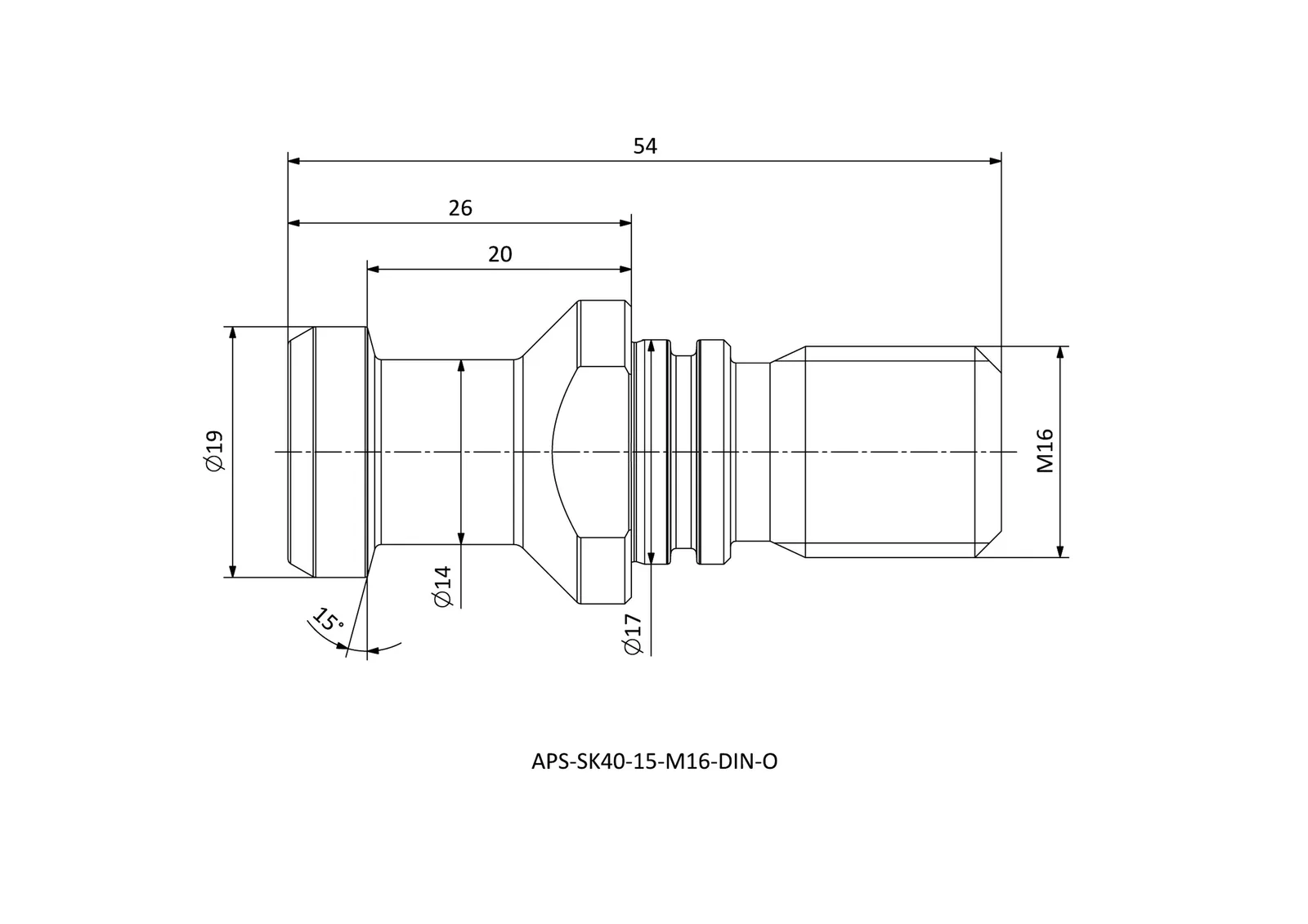 APS-SK40-15-M16-DIN-O &mdash; dimensioned drawing