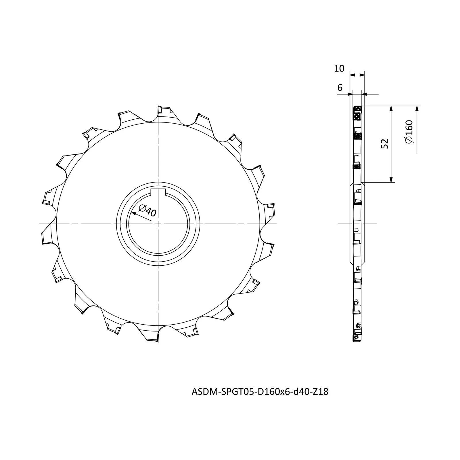 ASDM-SPGT05-D160x6-d40-Z18 &mdash; dimensioned drawing