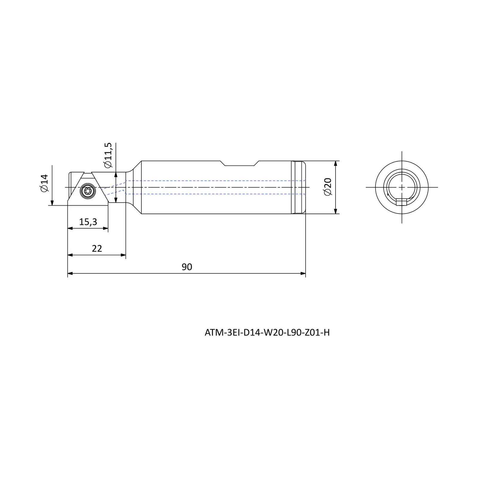 ATM-3EI-D14-W20-L90-Z01-H &mdash; dimensioned drawing