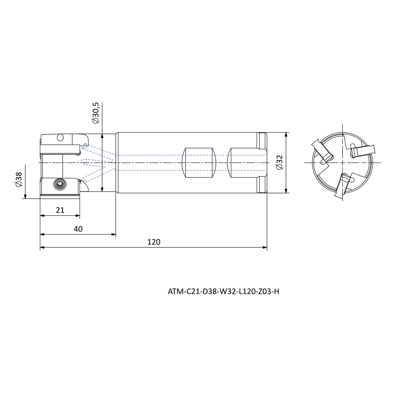 ATM-C21-D38-W32-L120-Z03-H &mdash; dimensioned drawing