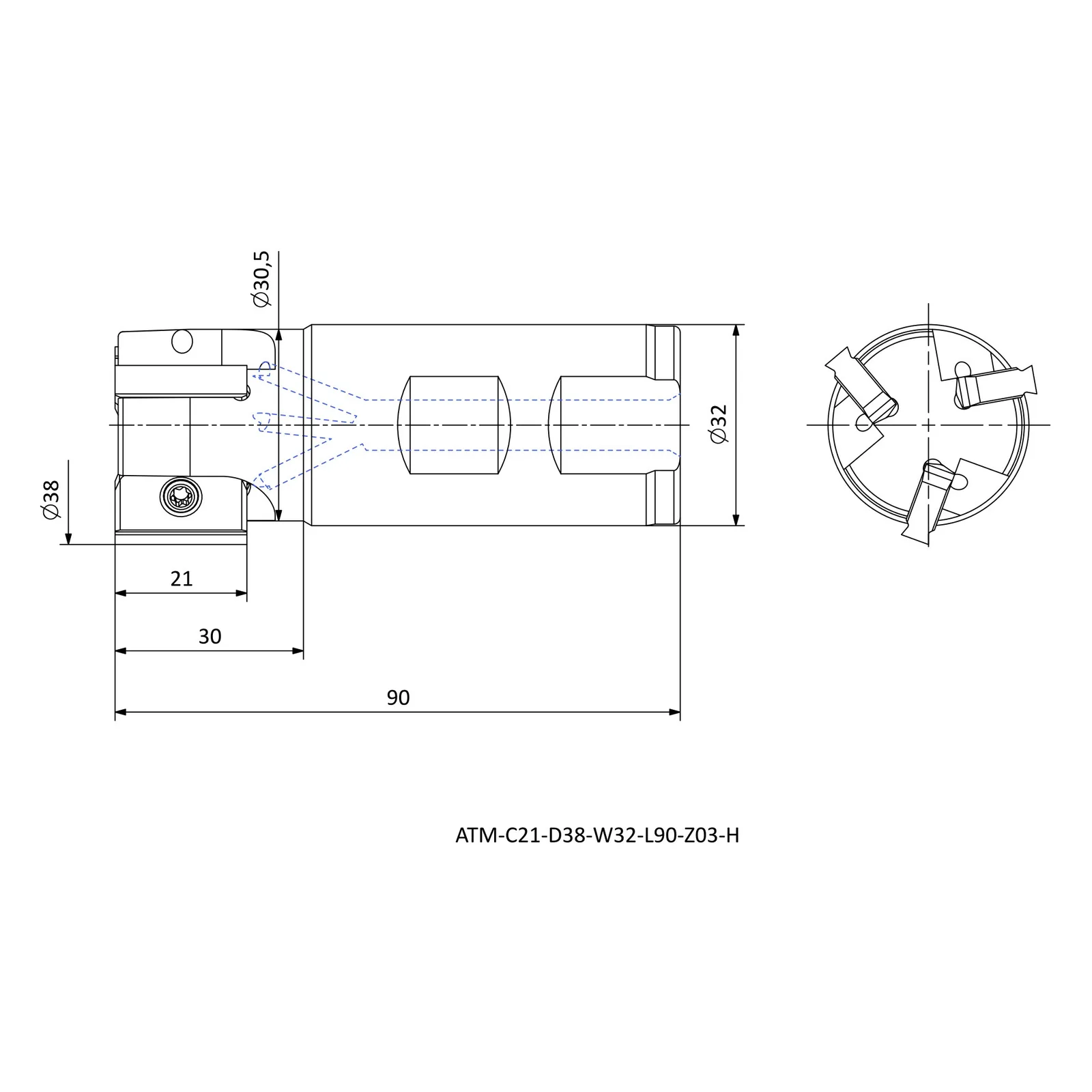 ATM-C21-D38-W32-L90-Z03-H &mdash; dimensioned drawing