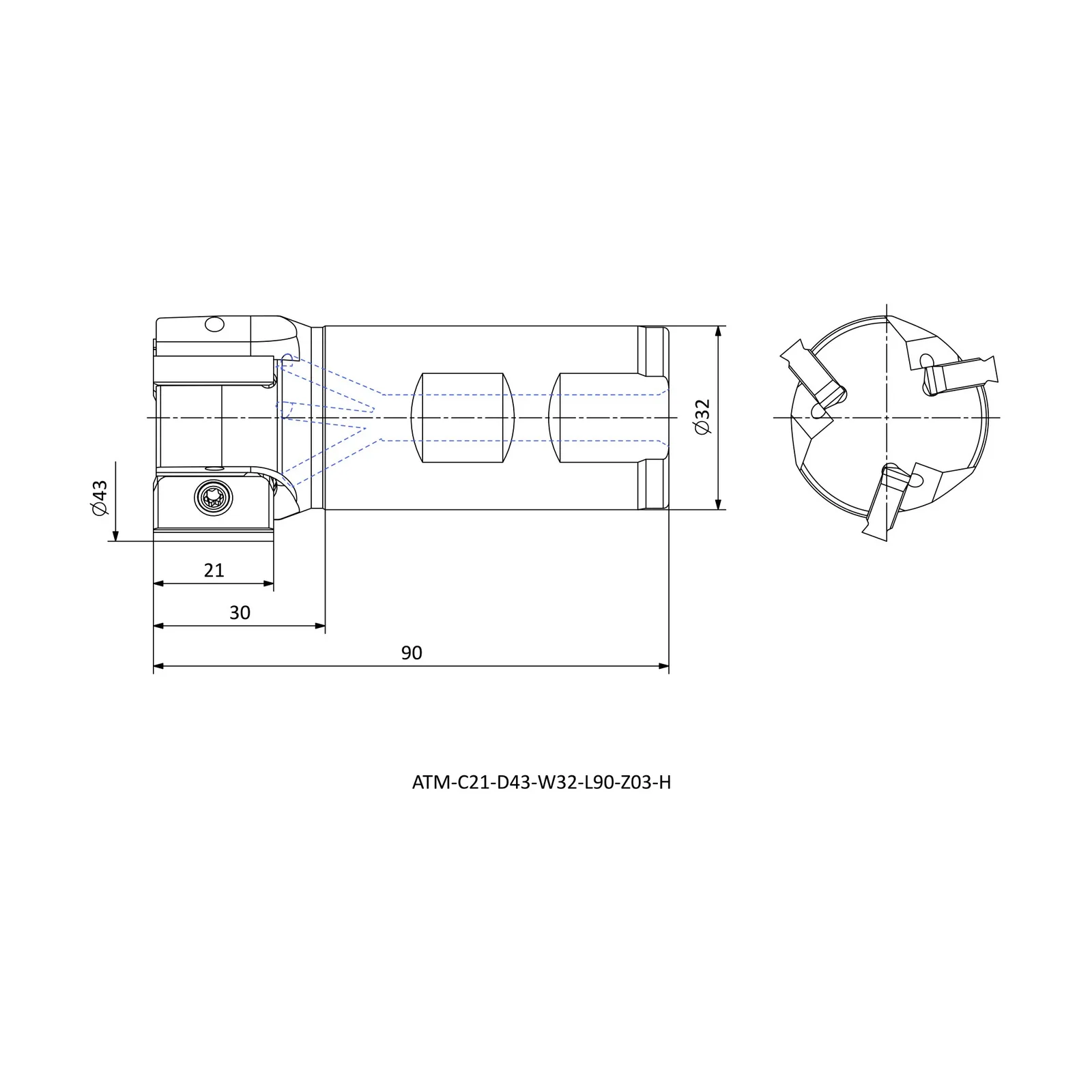 ATM-C21-D43-W32-L90-Z03-H &mdash; dimensioned drawing