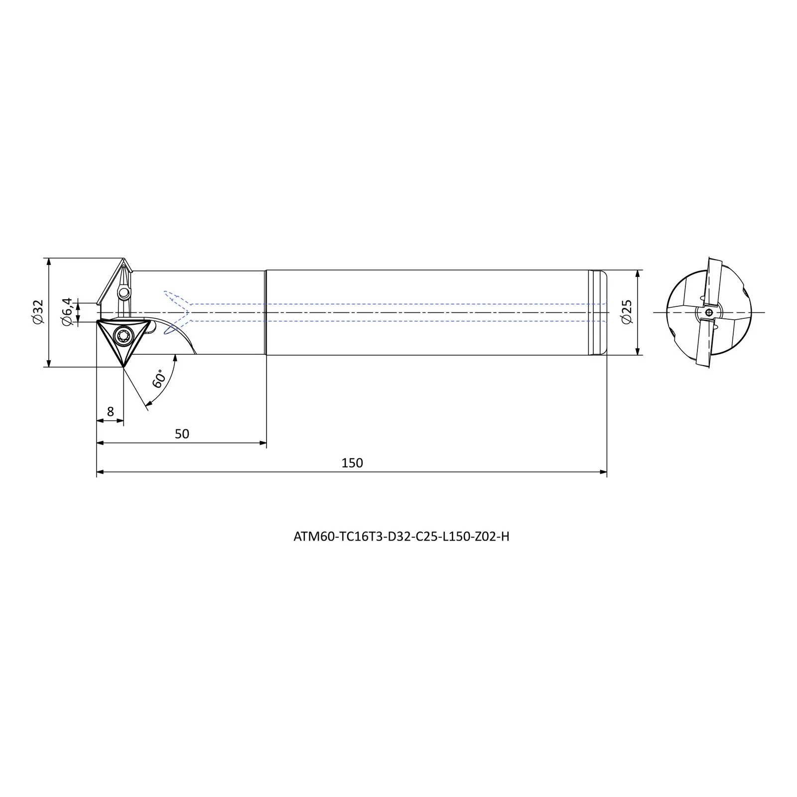 ATM60-TC16T3-D32-C25-L150-Z02-H &mdash; dimensioned drawing